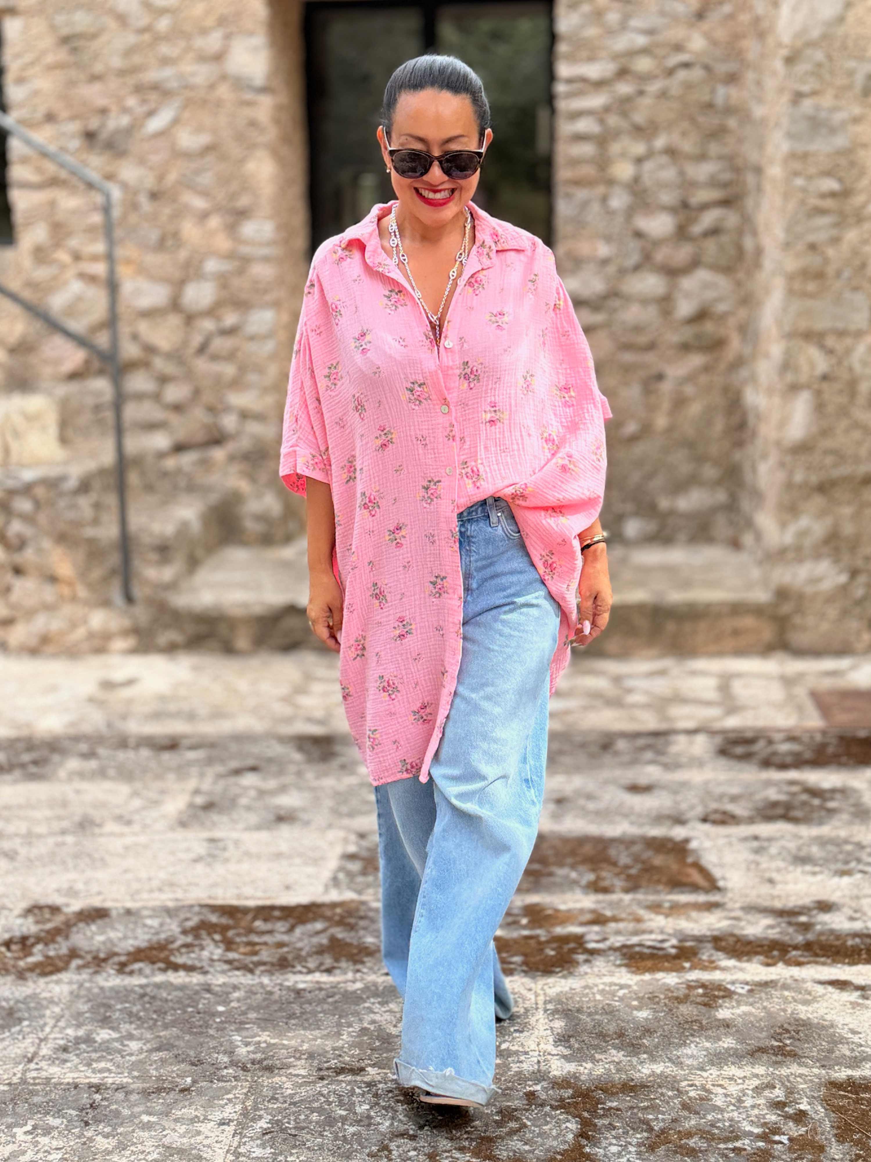Musselin Oversize Kurzarm Bluse Long - Blossom
