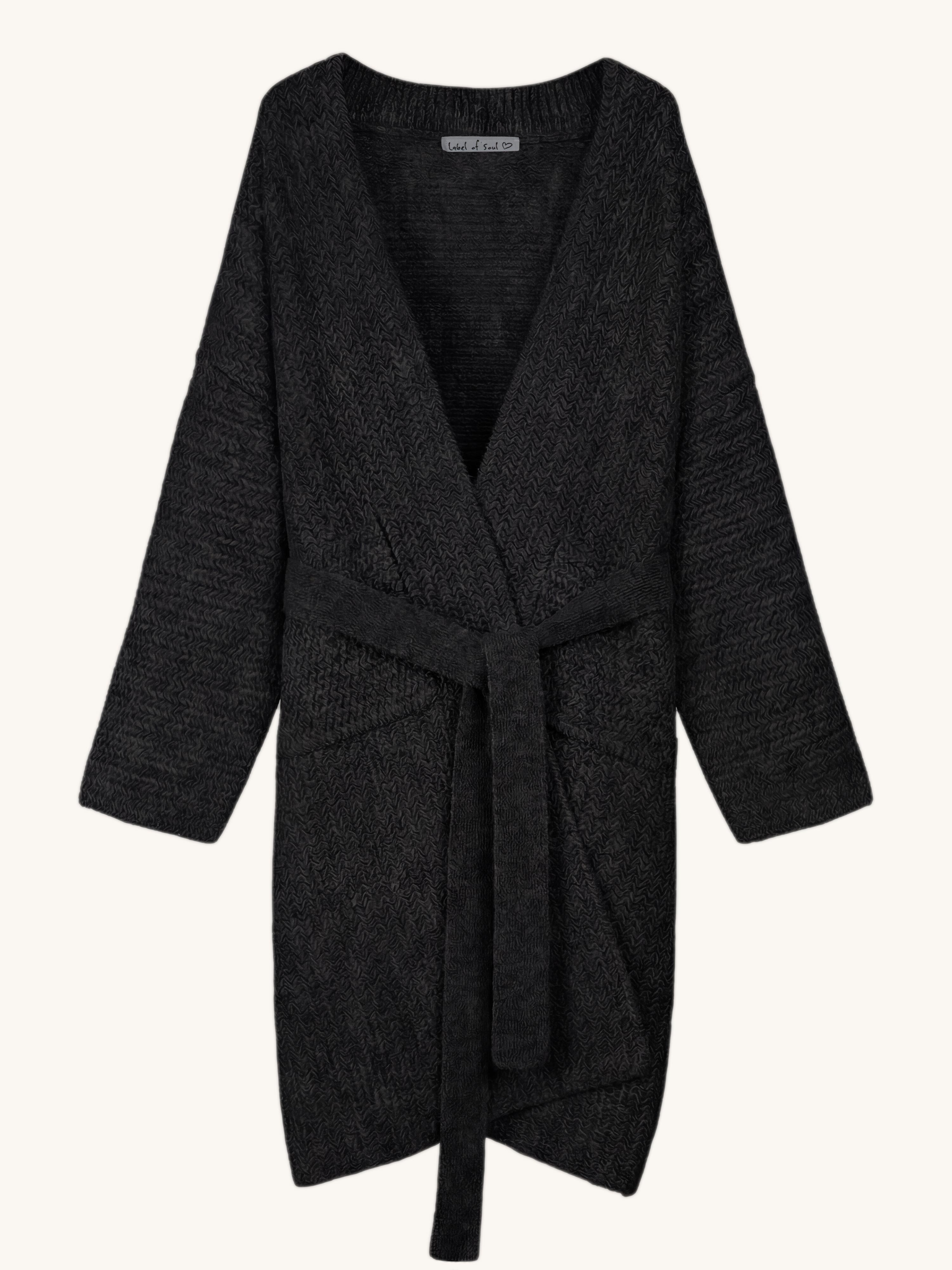 Oversize Wollstrick Mantel mit Gürtel - Schwarz