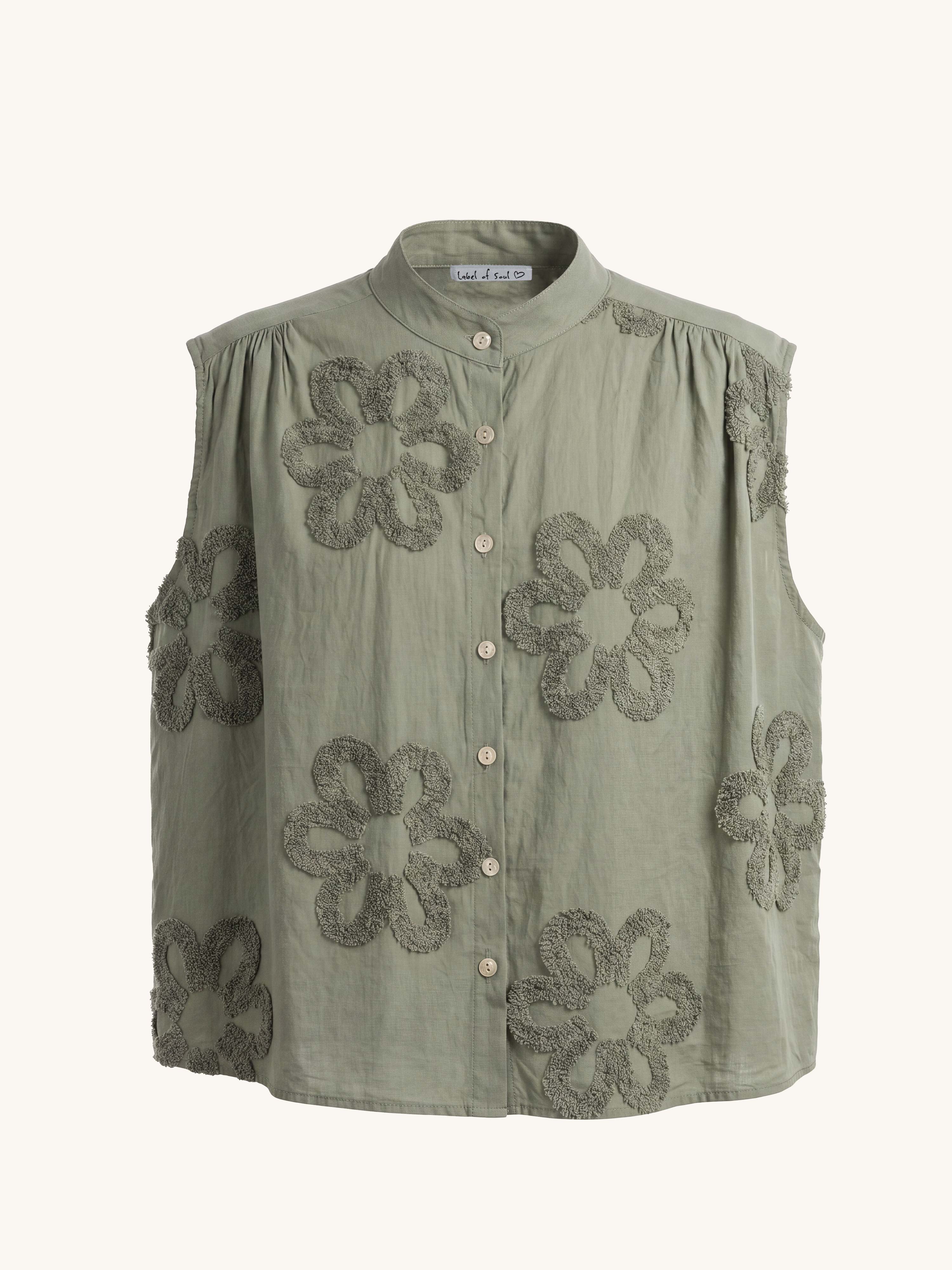 Ärmellose Cotton  Bluse mit Blumenmuster - Matcha
