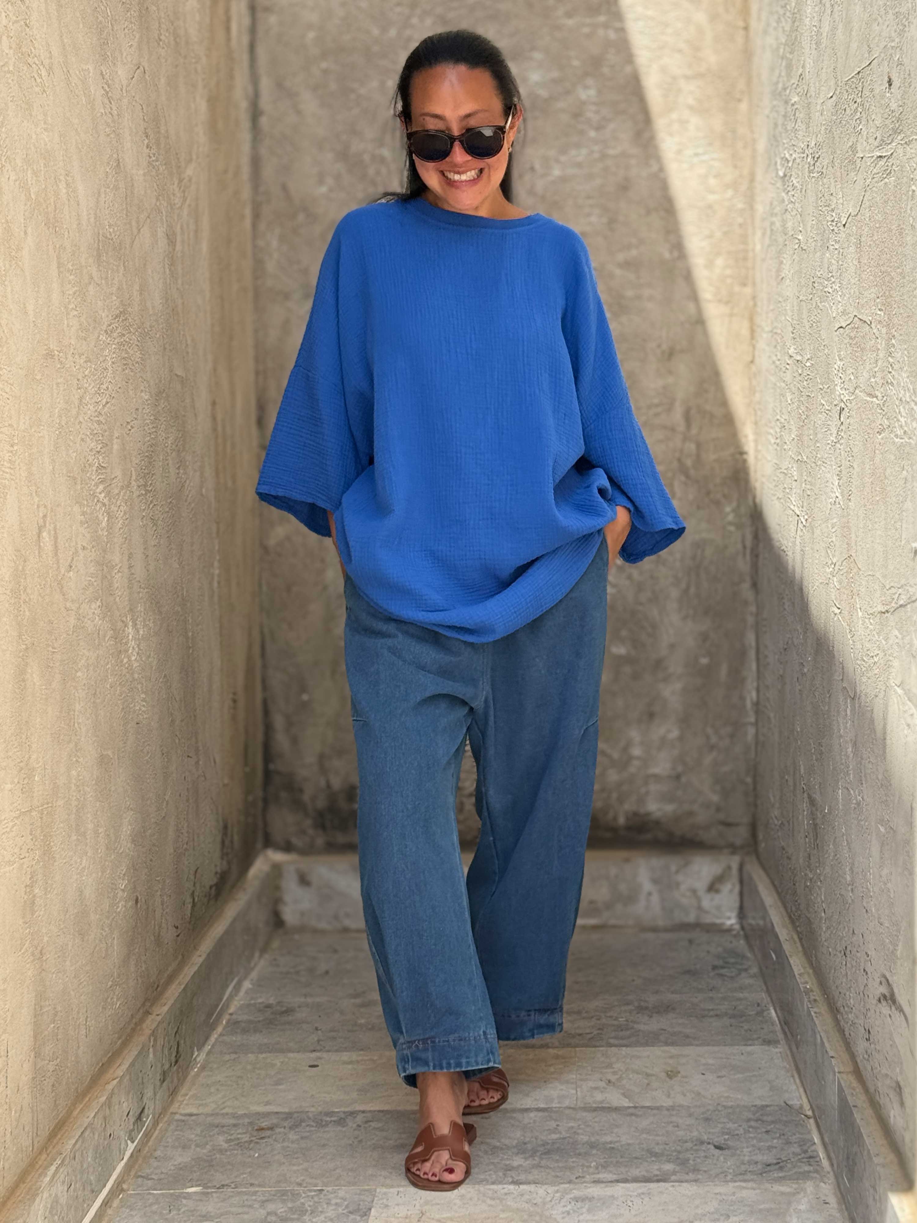 Musselin Oversize Kurzarm Shirt - Royalblau Musselin Oversize Kurzarm Shirt - Royalblau