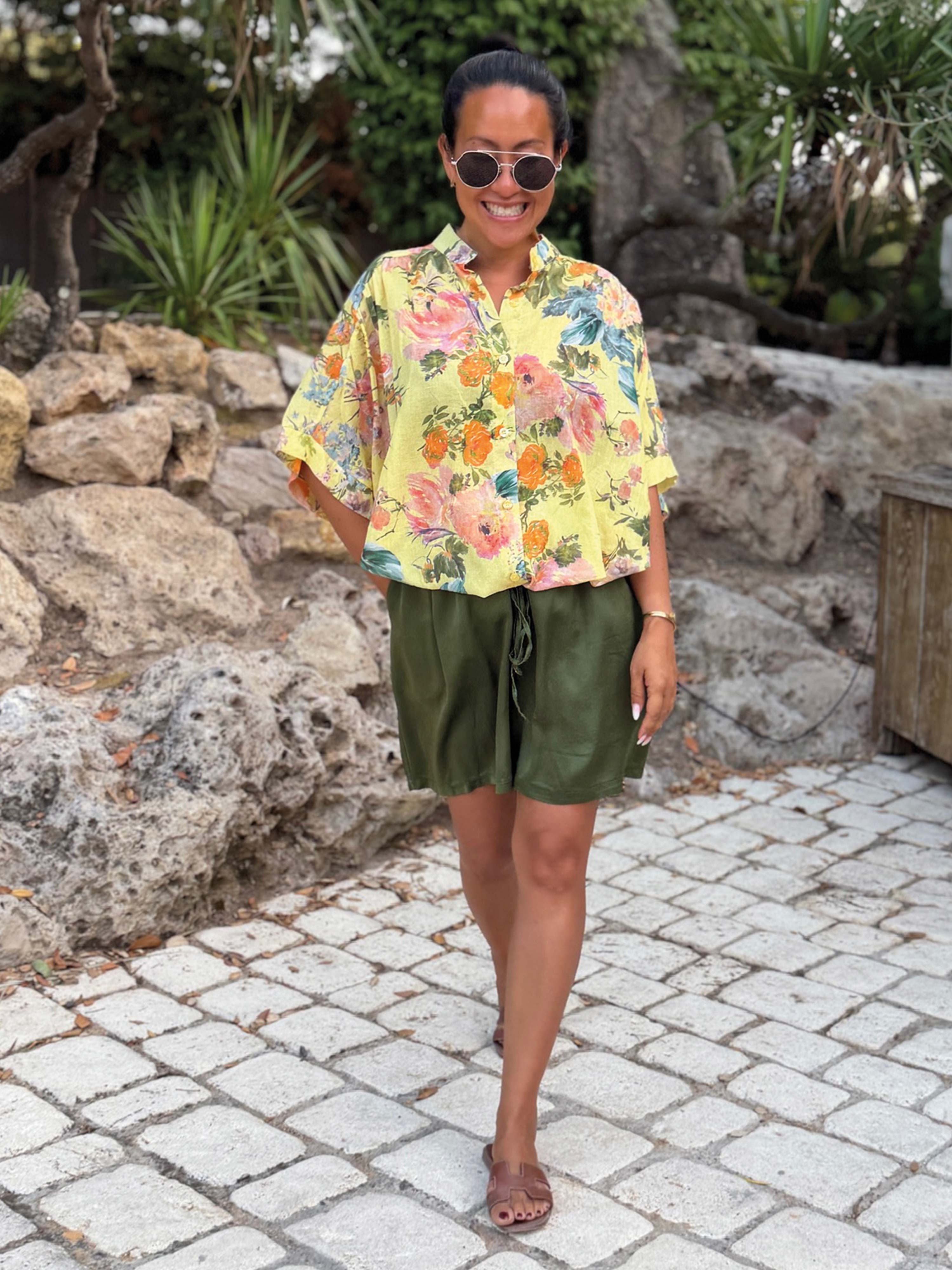 Cotton Oversize Kurzarm Bluse Midi - POETRY BLOOM - Lemon