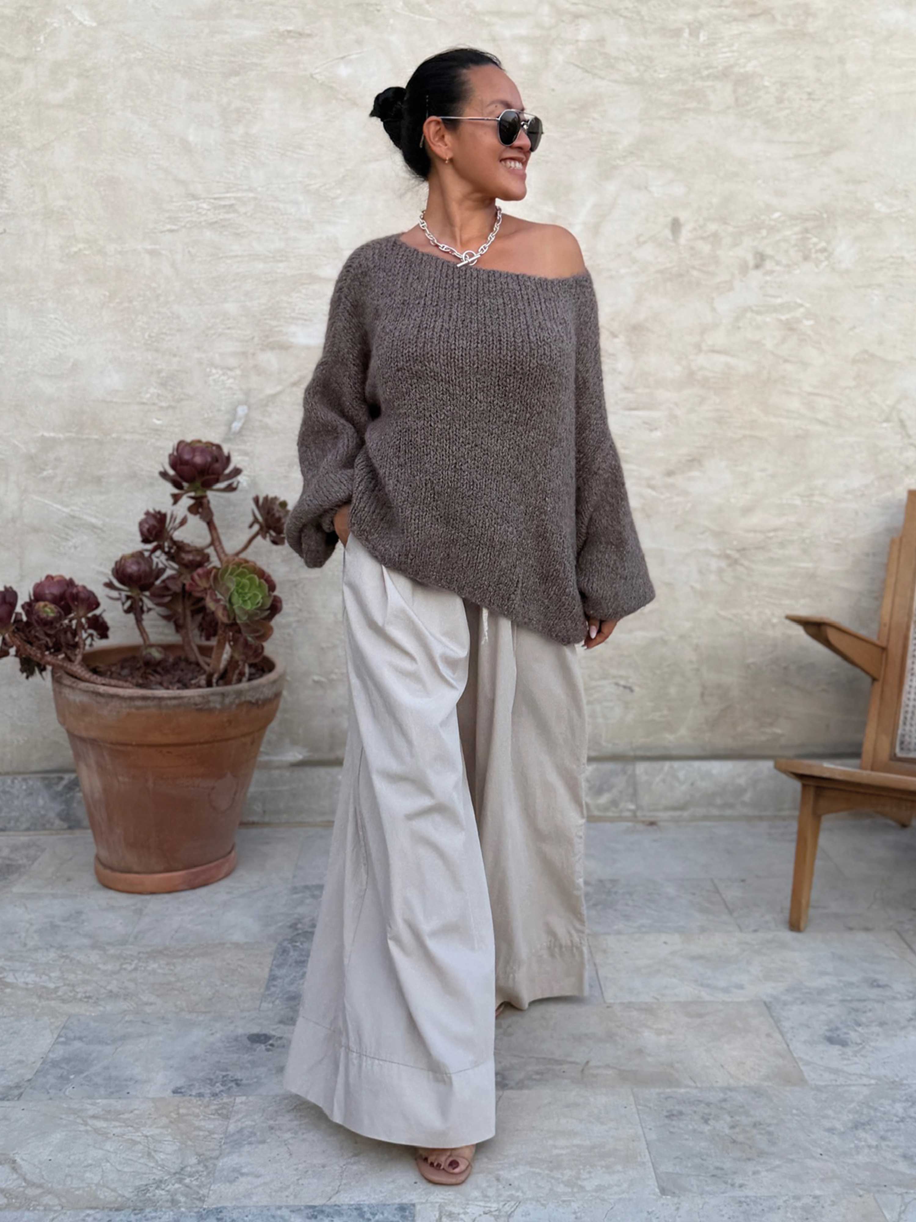 Oversize Cropped Strickpullover - FLAUSCHI - Taupe