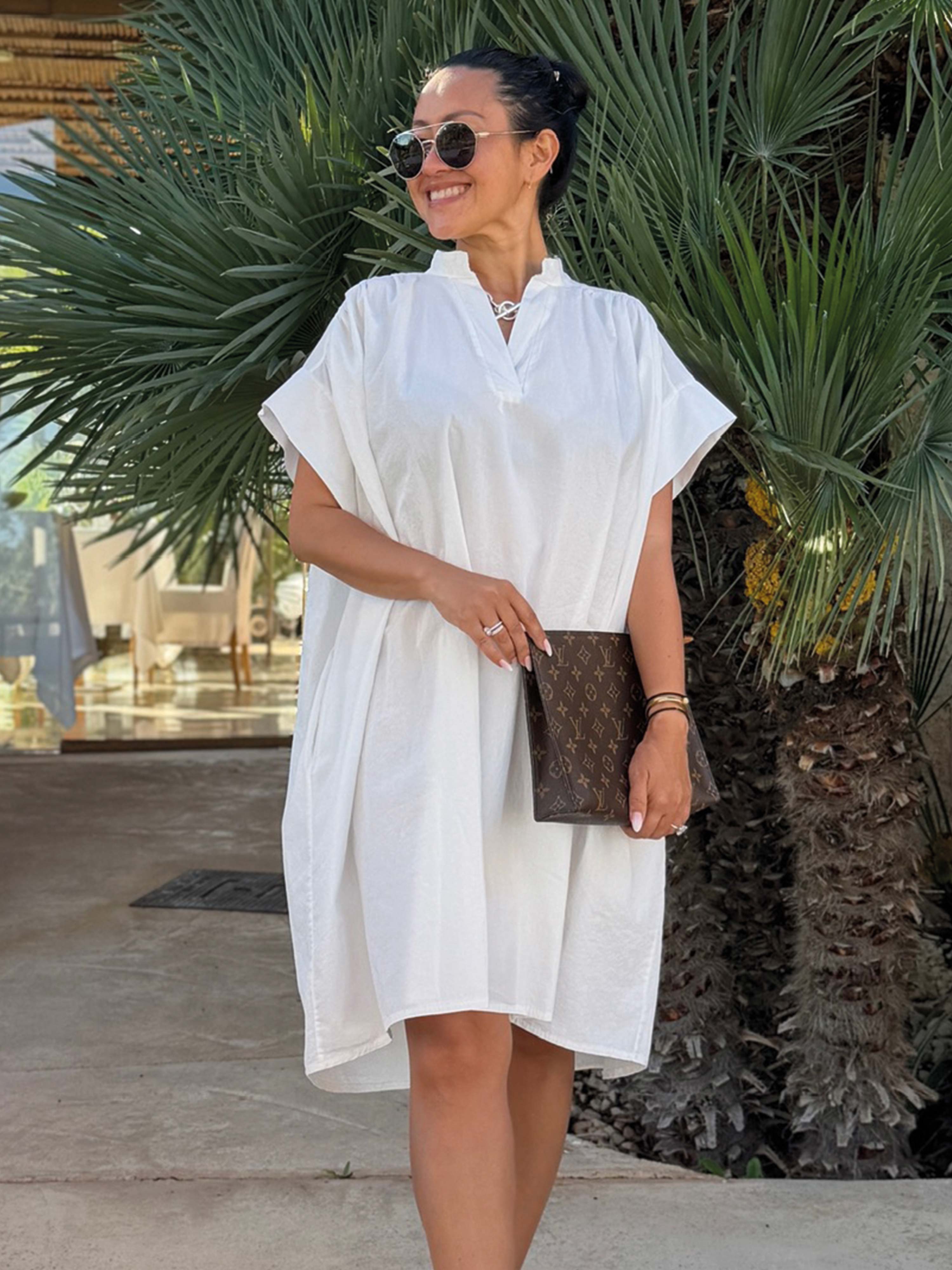 Cotton Vokuhila Oversize Tunika Midi mit Taschen - Weiss