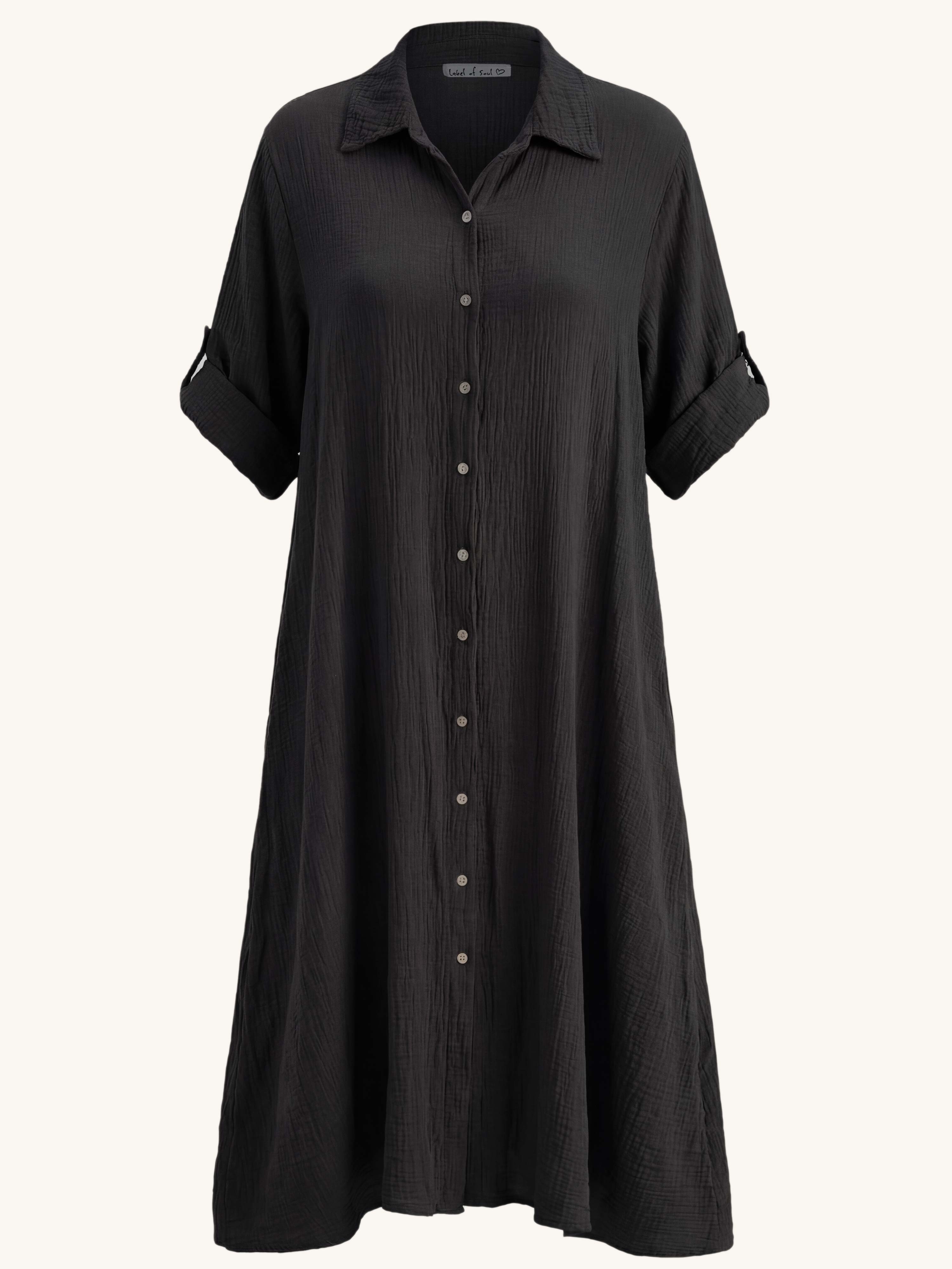 Musselin Oversize Kurzarm Blusenkleid mit A-Linie - Schwarz