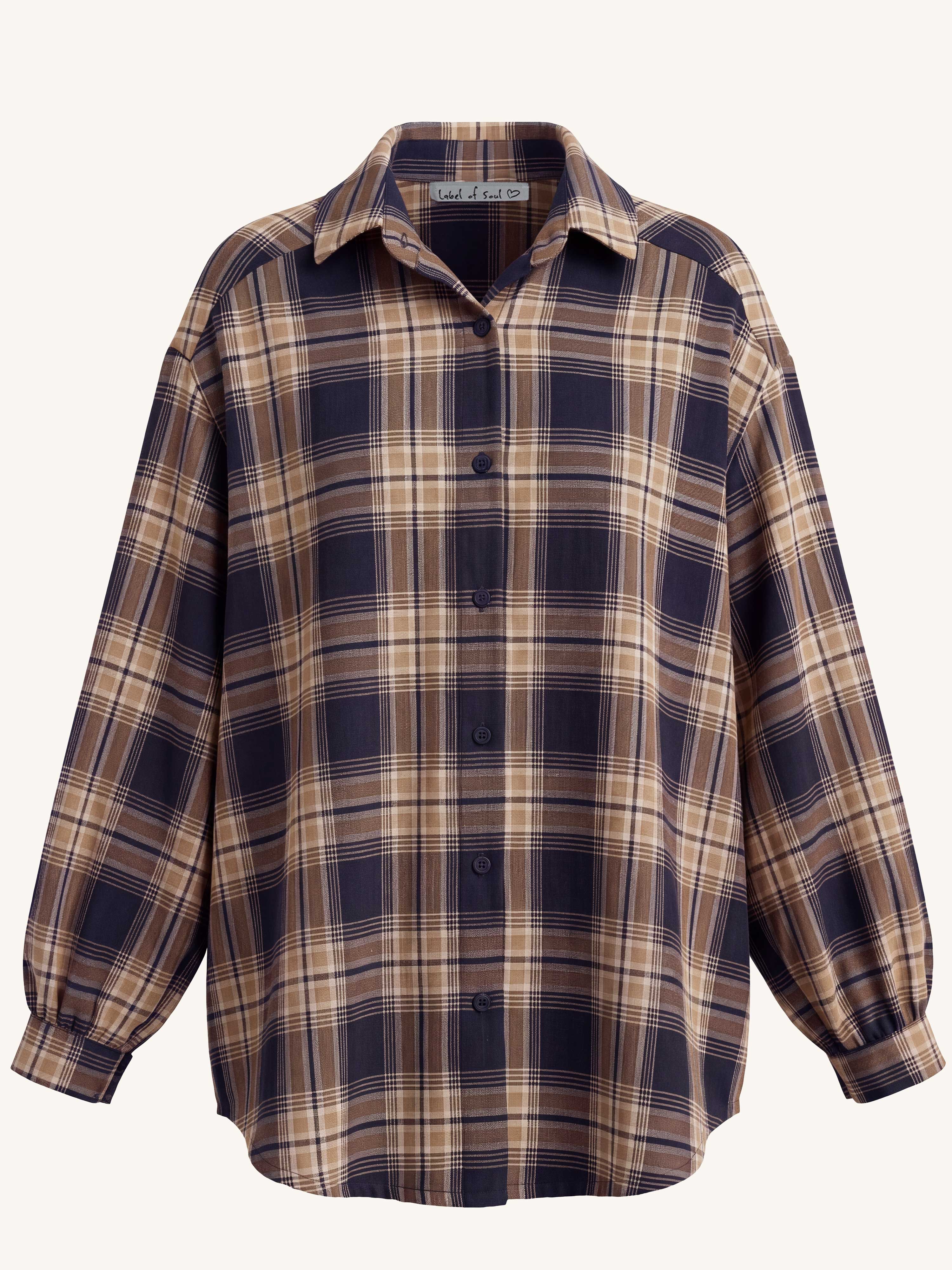 Long Oversize Karo Bluse - Blau