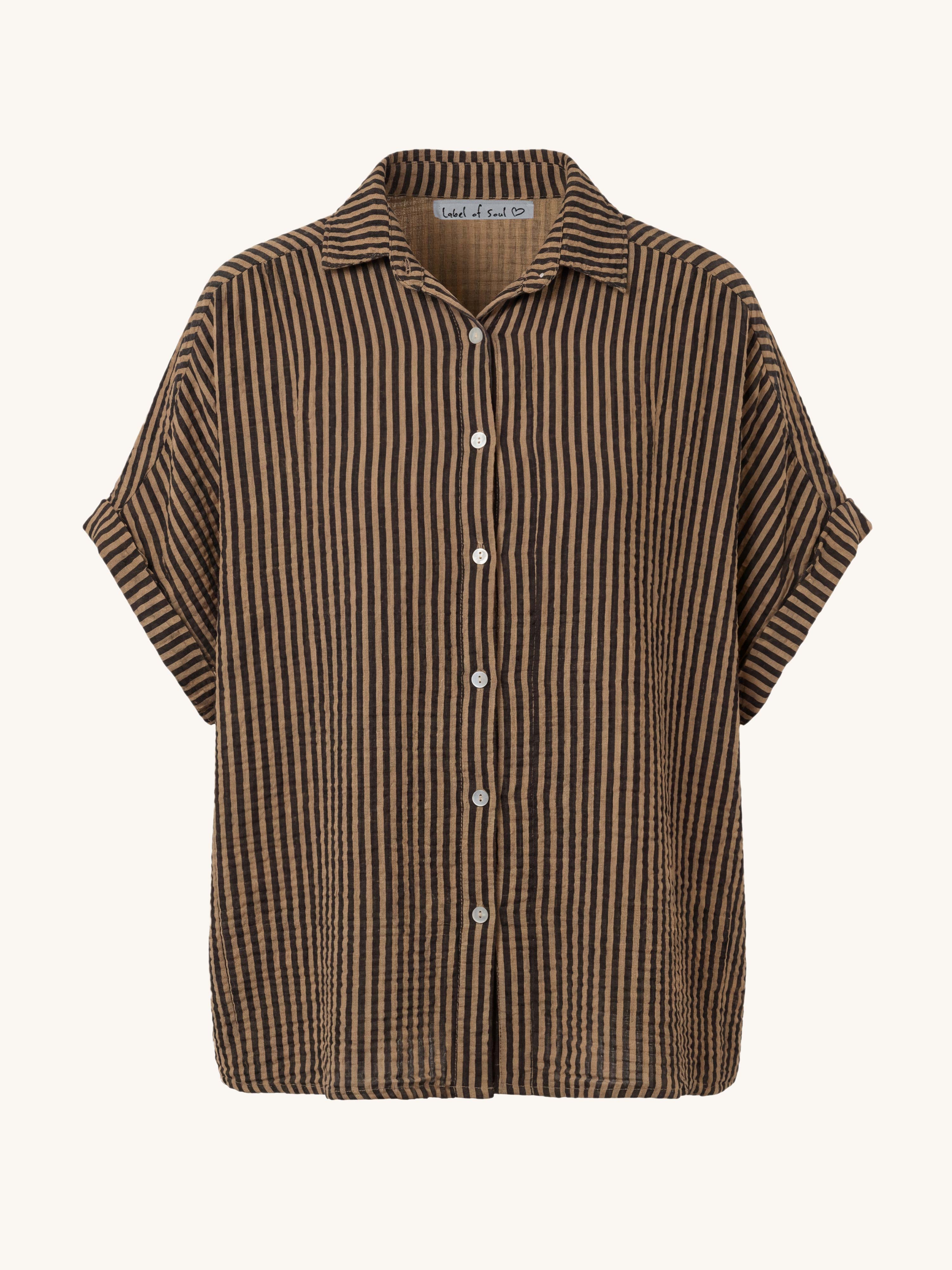 Musselin Oversize Kurzarm Bluse MIDI - STRIPES - Camel/Schwarz