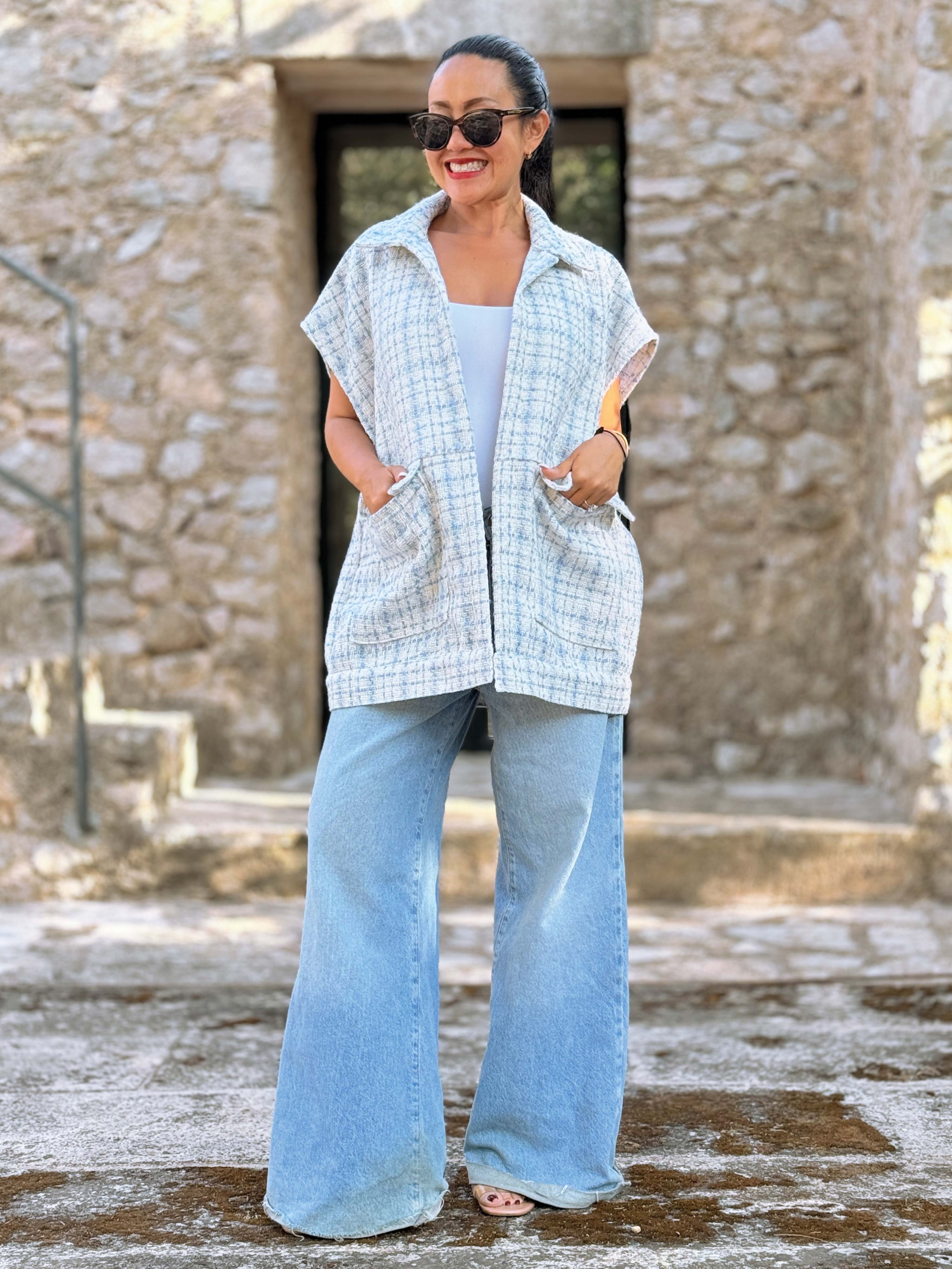 Bouclé Kurzarm Weste - Blau Bouclé Kurzarm Weste - Blau