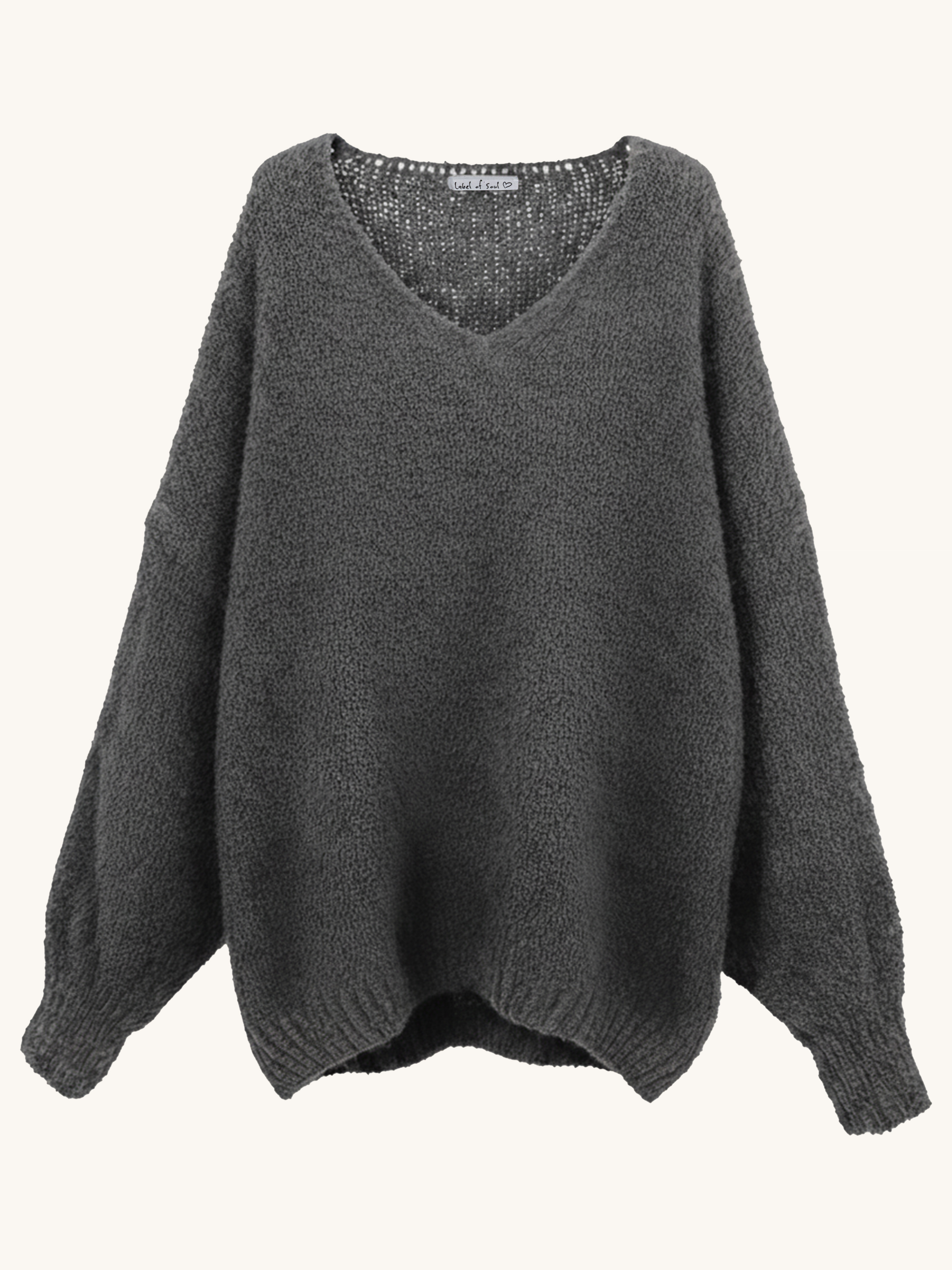 Oversize Bouclé Strickpullover mit V-Ausschnitt - Anthrazit