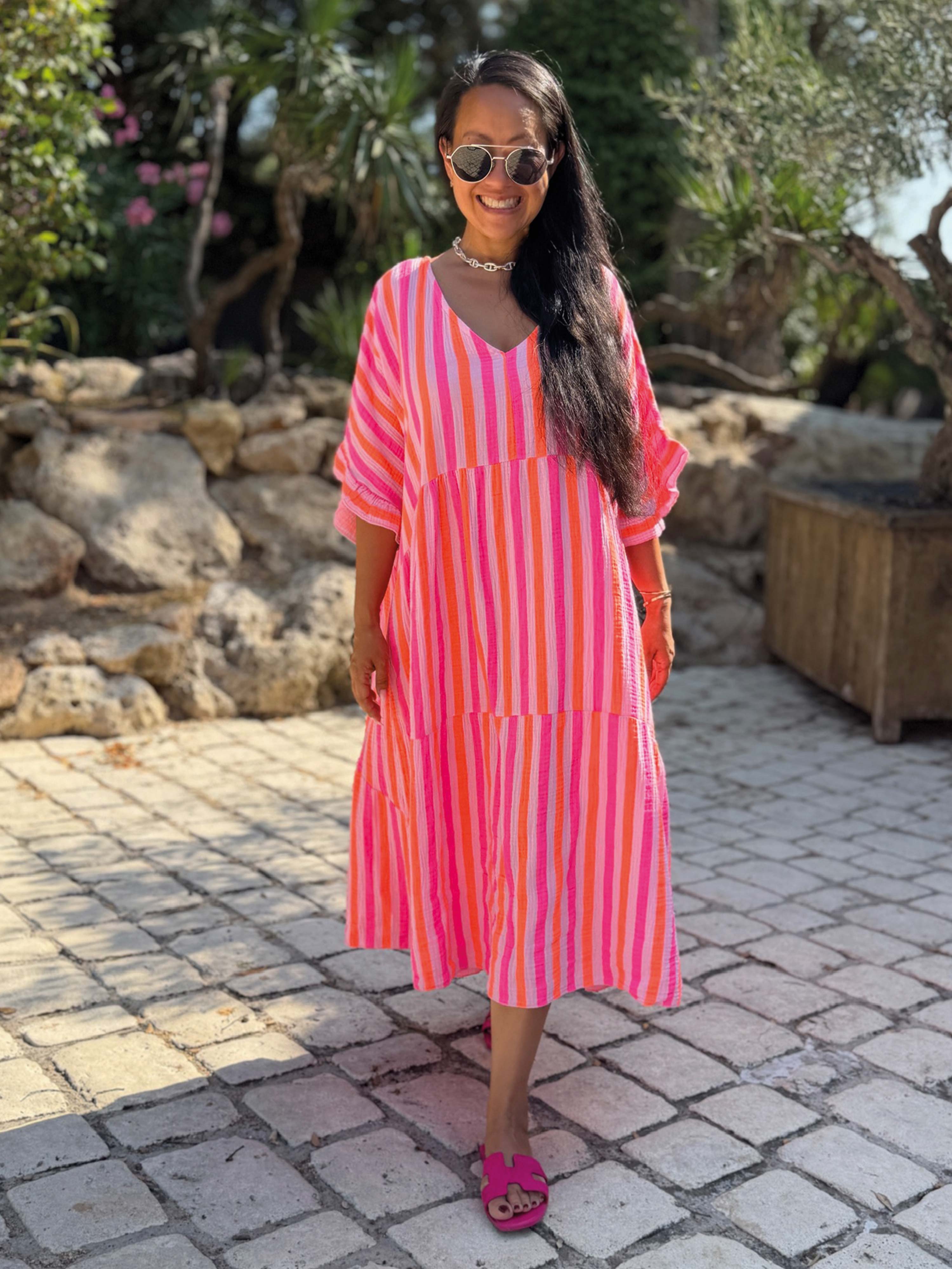 Musselin Tunika Long mit V-Ausschnitt - Stripes Sugar