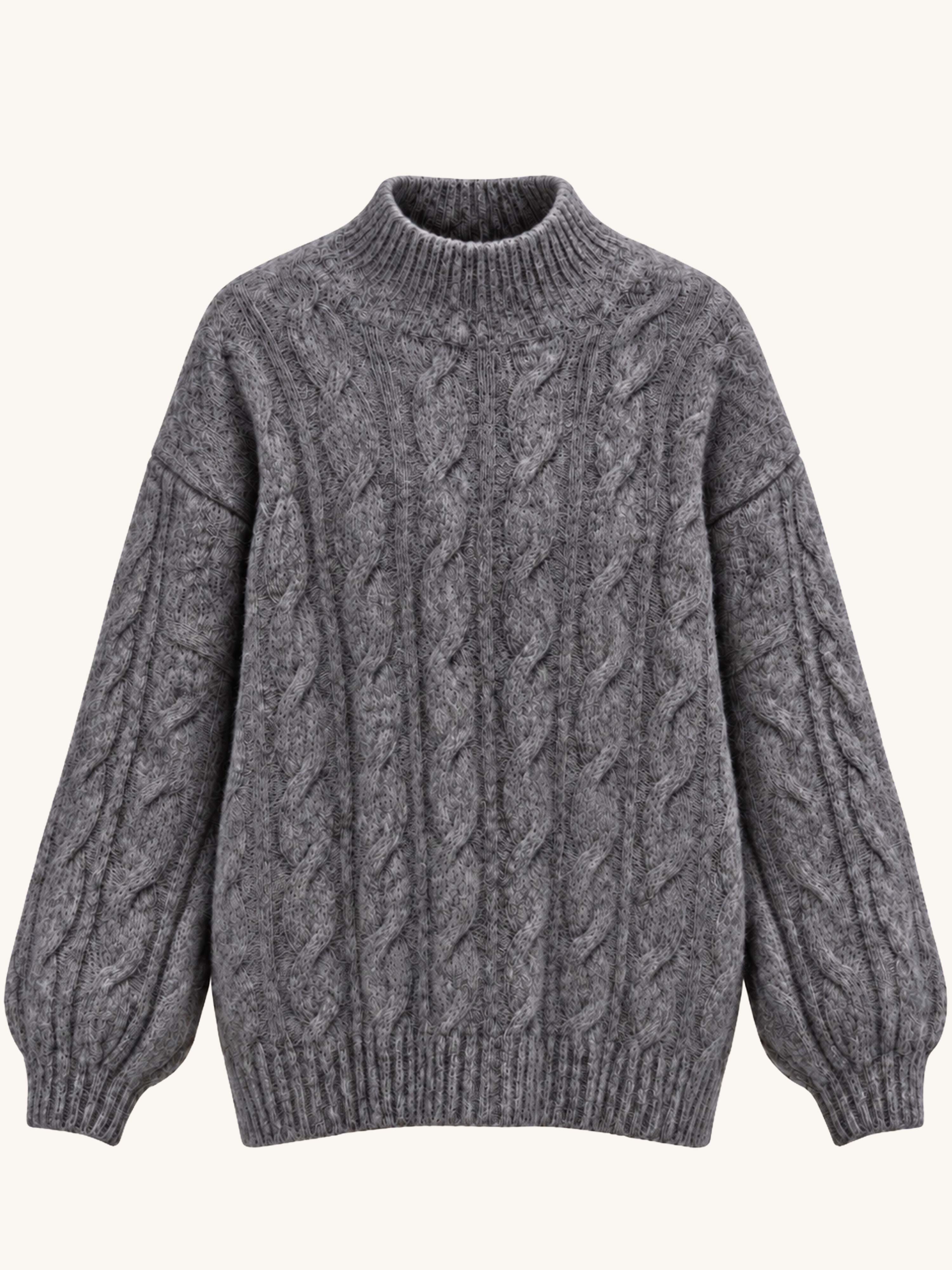 Soft Alpaka Zopf-Strickpullover mit Stehkragen - Grau