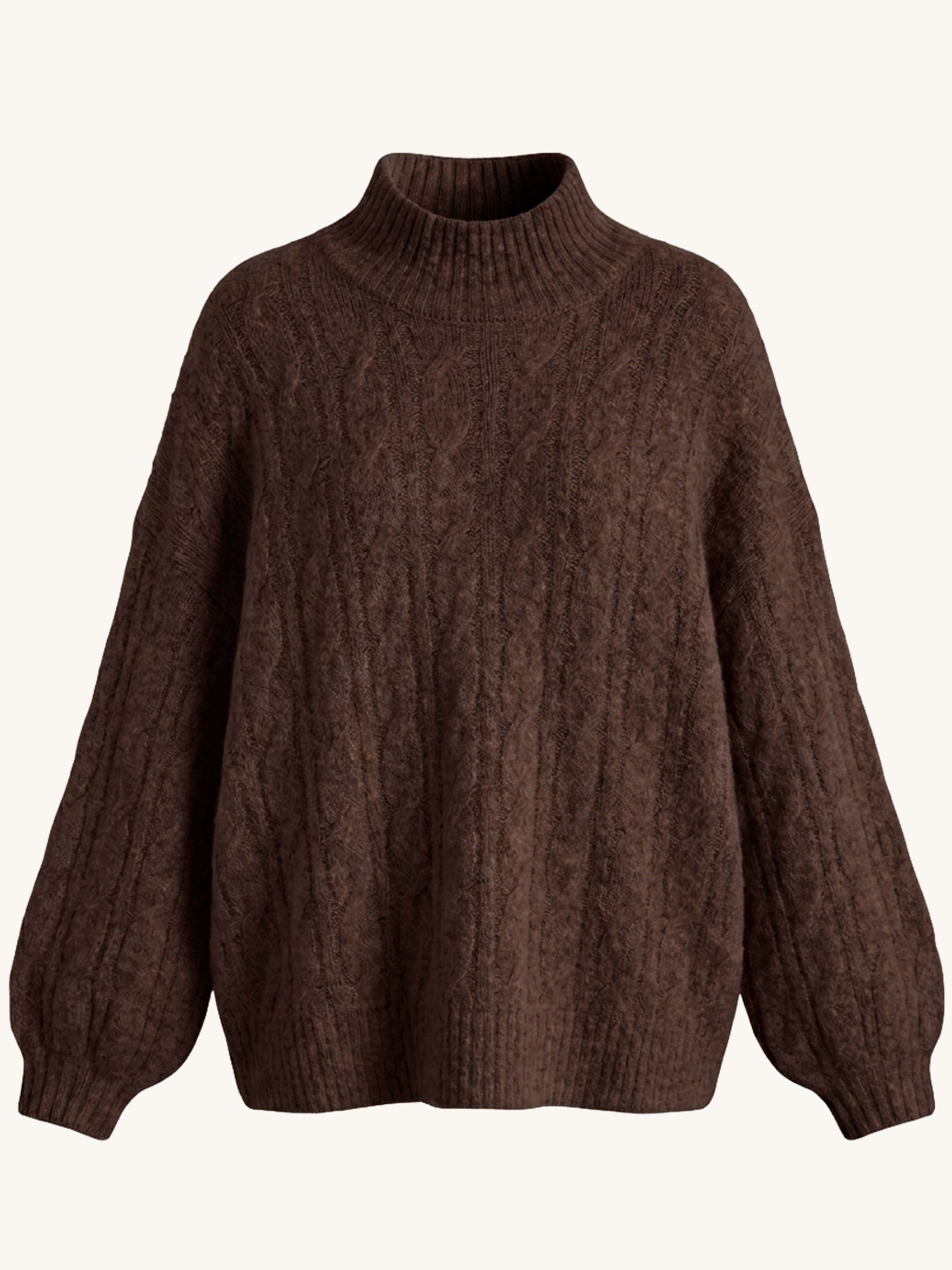 Soft Alpaka Oversize Zopf-Strickpullover mit Stehkragen - Schoko