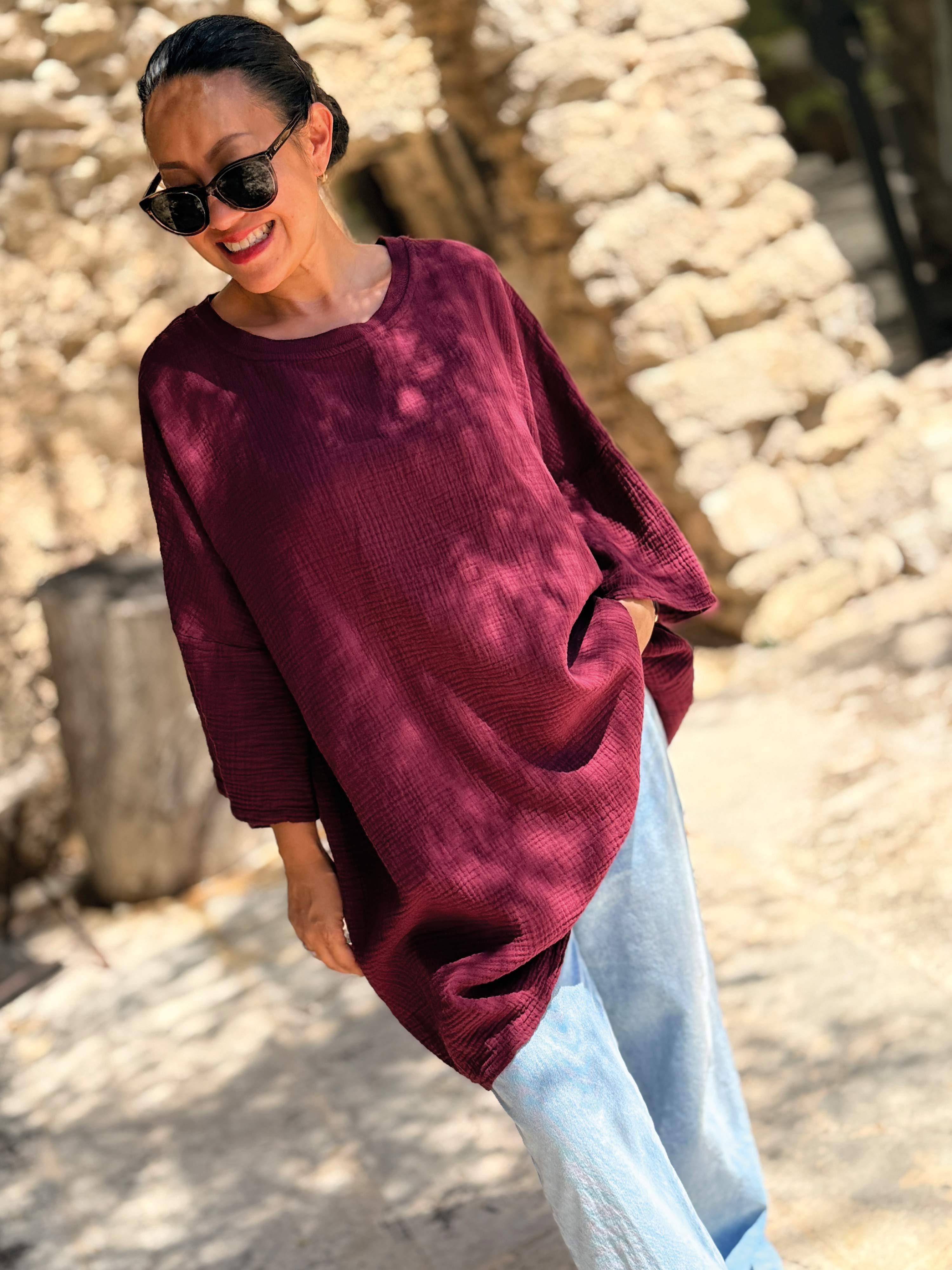 Musselin Oversize Kurzarm Shirt - Burgunder Musselin Oversize Kurzarm Shirt - Burgunder
