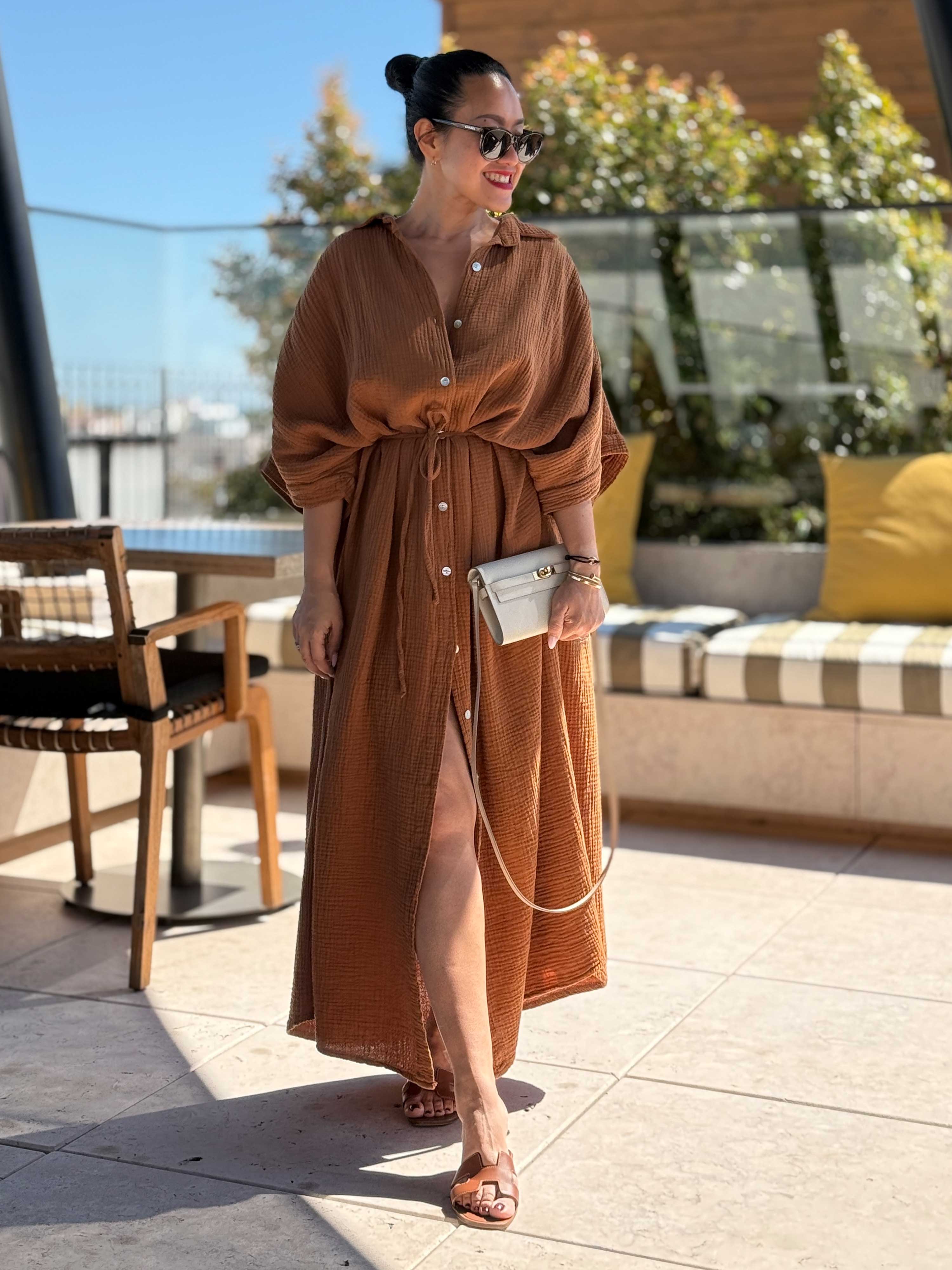 Musselin Oversize Kurzarm Blusenkleid - CAPRI - Cinnamon