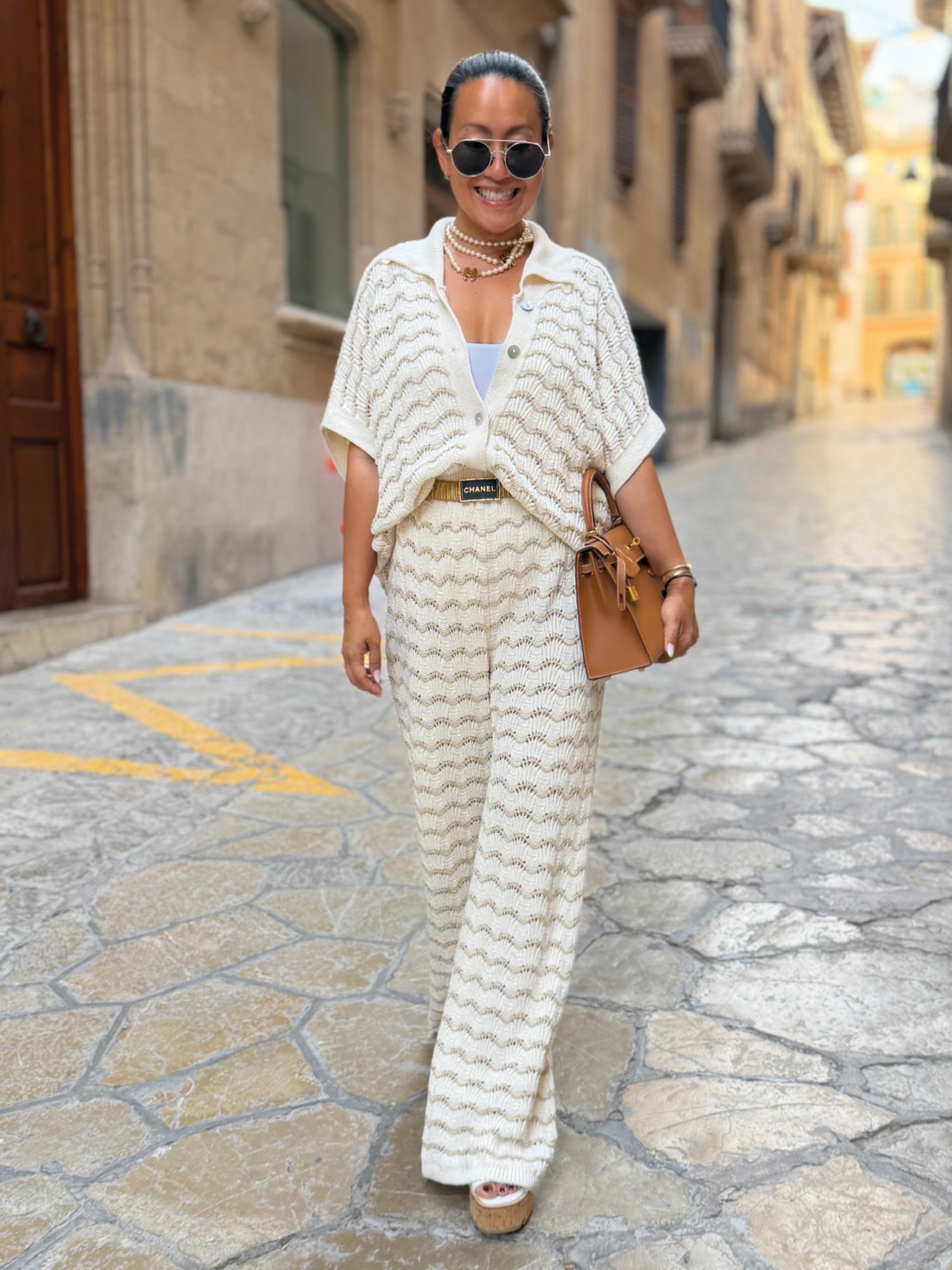 Oversize Kurzarm Häkel Hemd MANACOR - Creme/Gold