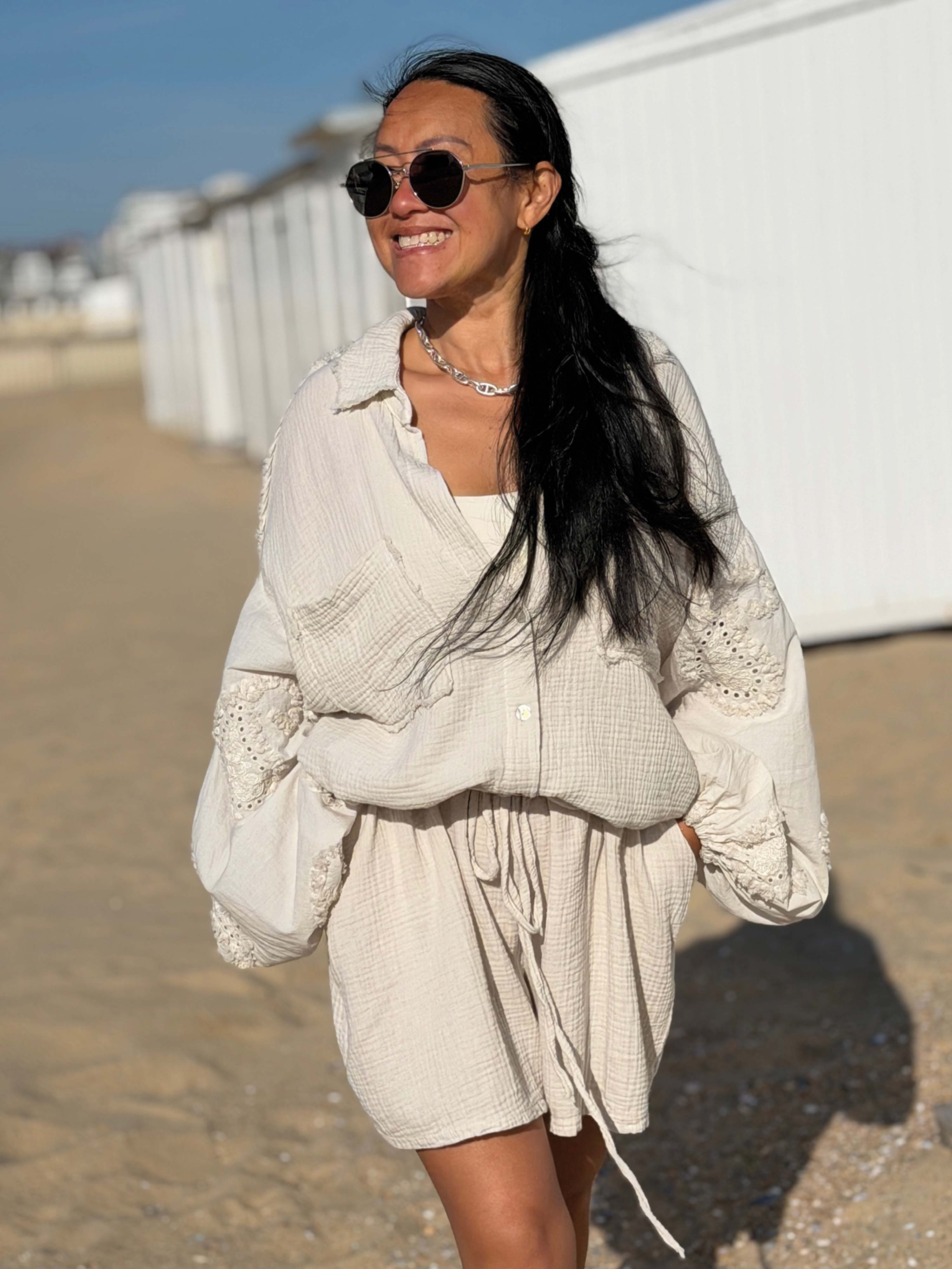 Musselin Used-Look Bluse - MOANA - Beige