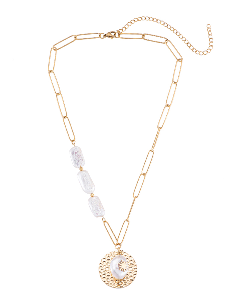 Halskette - Plate & Pearl - Edelstahl - Gold