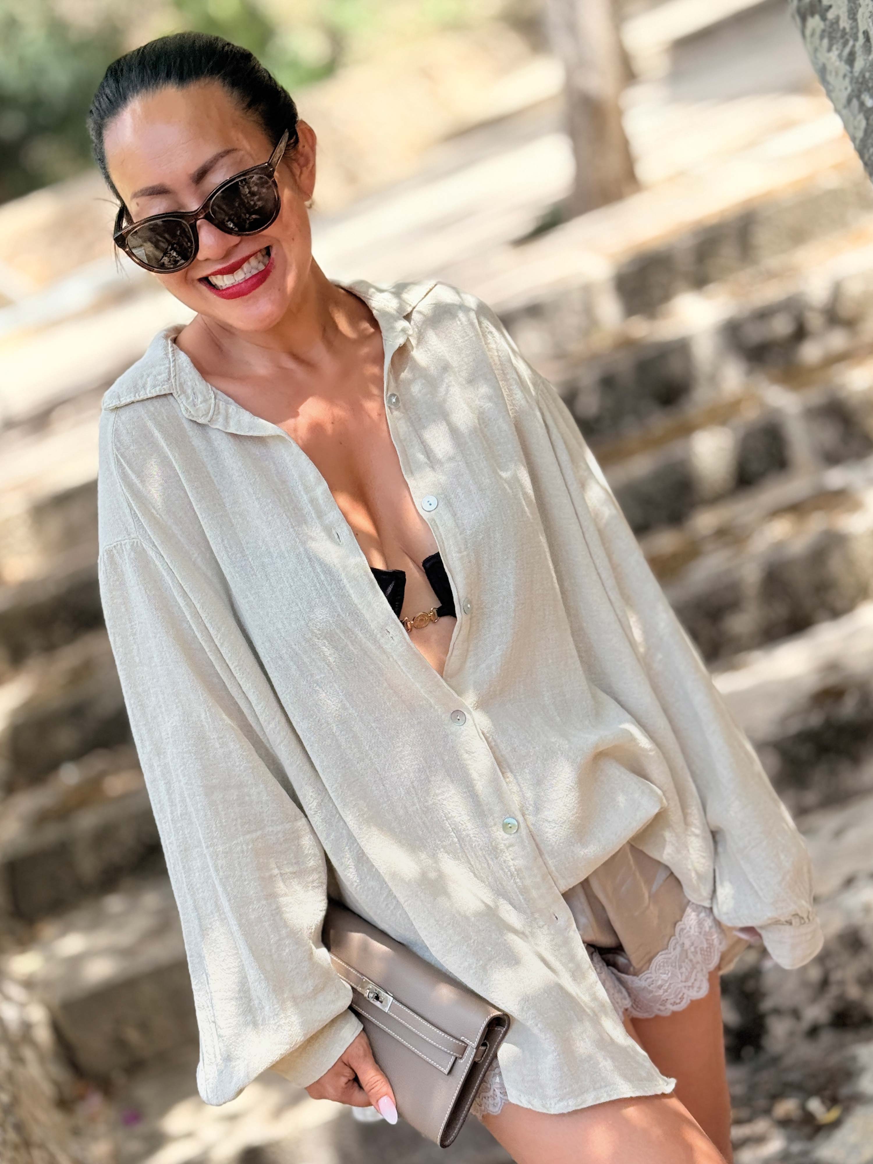 Cotton Midi Oversize Bluse - Beige