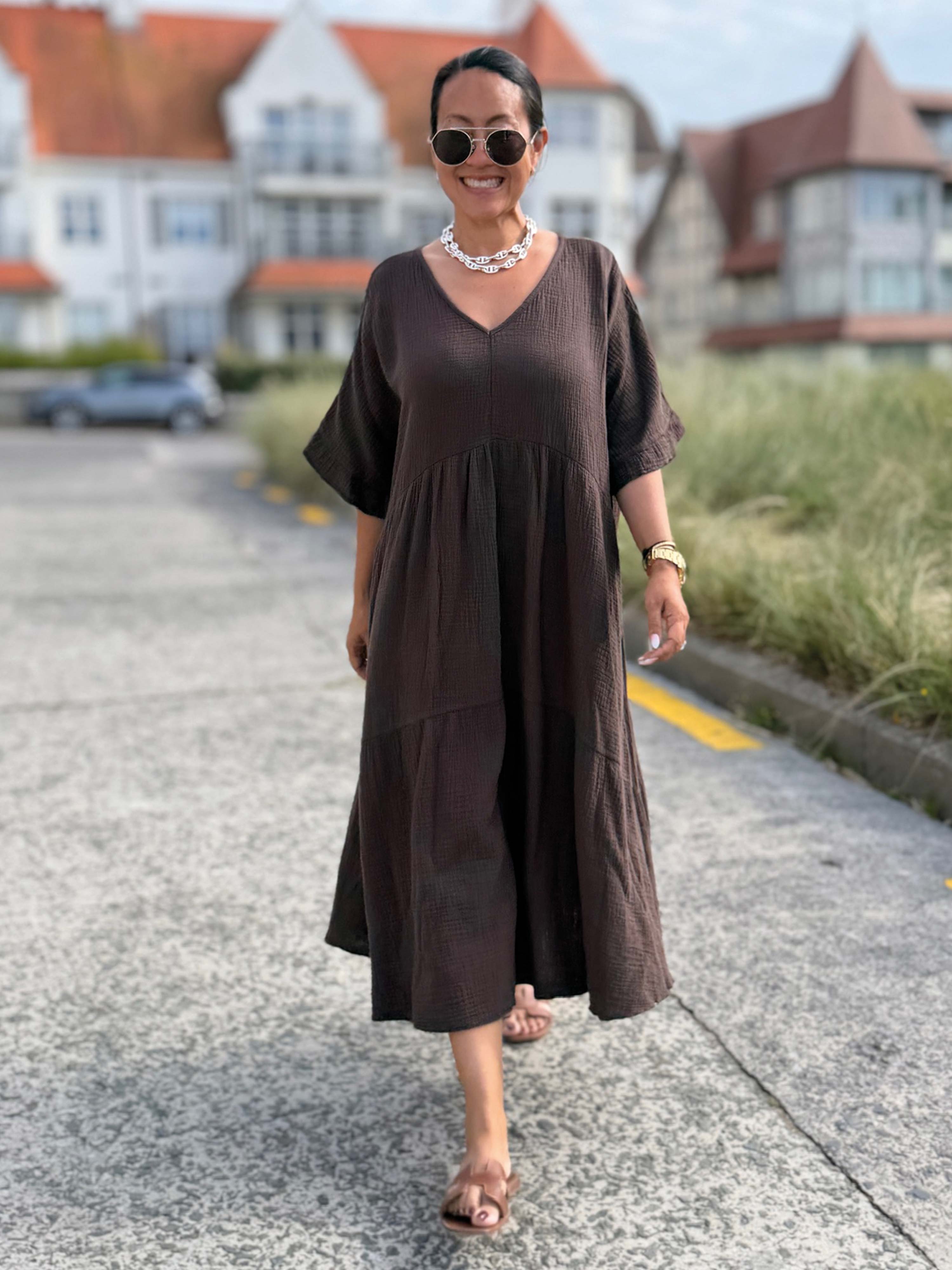 Musselin Tunika Long mit V-Ausschnitt - Schoko