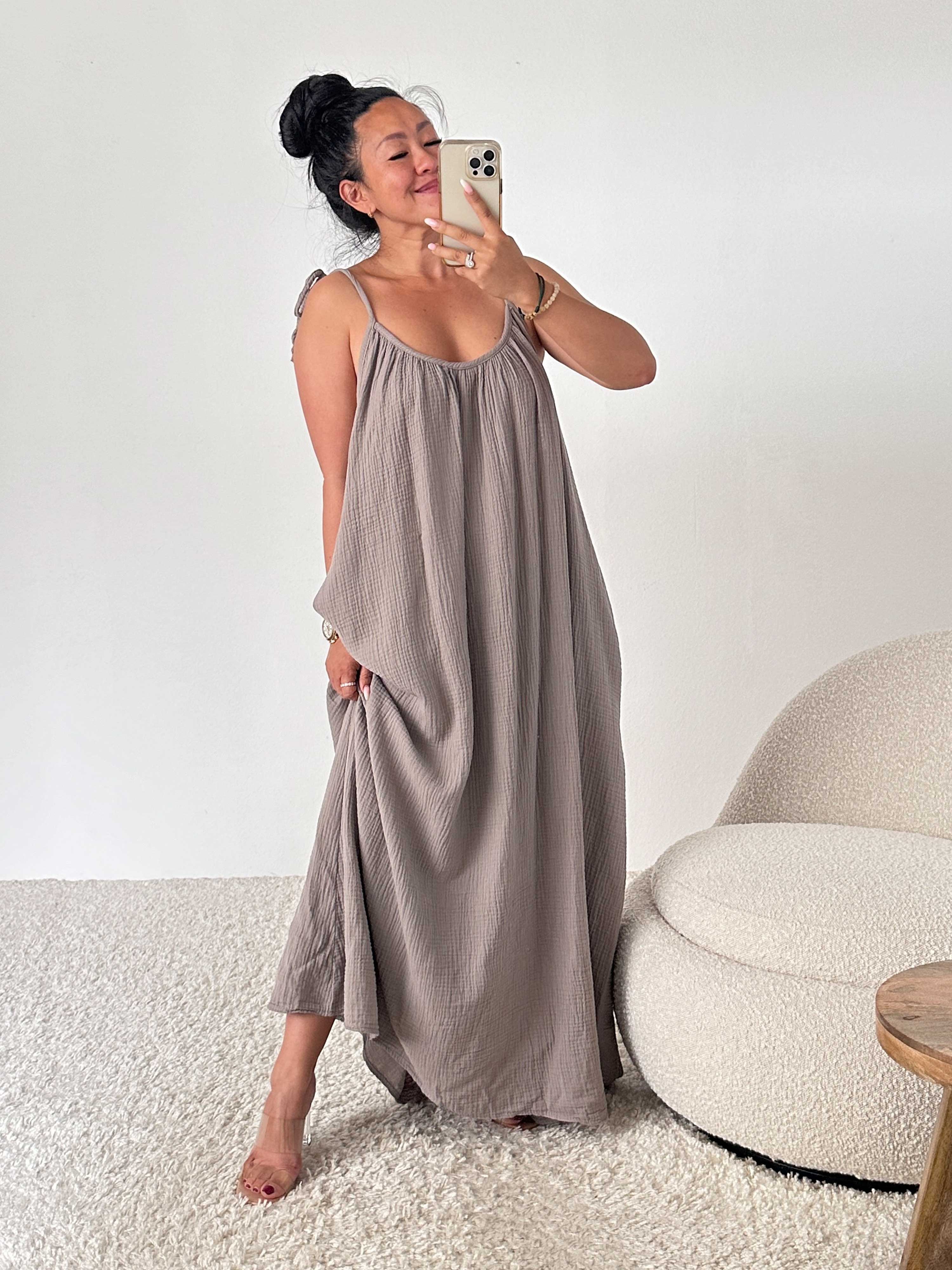 Musselin Trägerkleid LONG - ALISA - Taupe