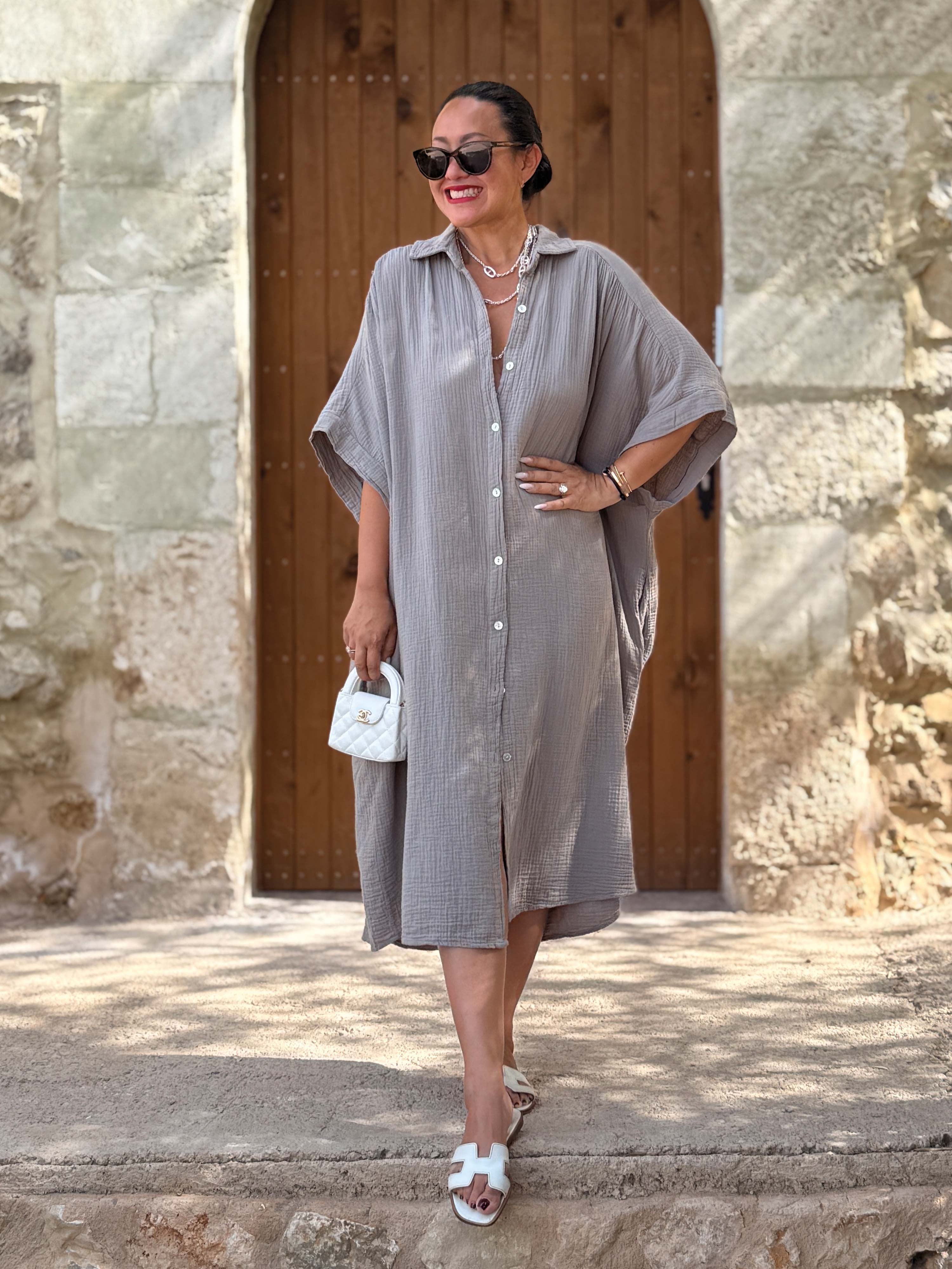 Musselin Oversize Kurzarm Blusenkleid - LANA - Taupe