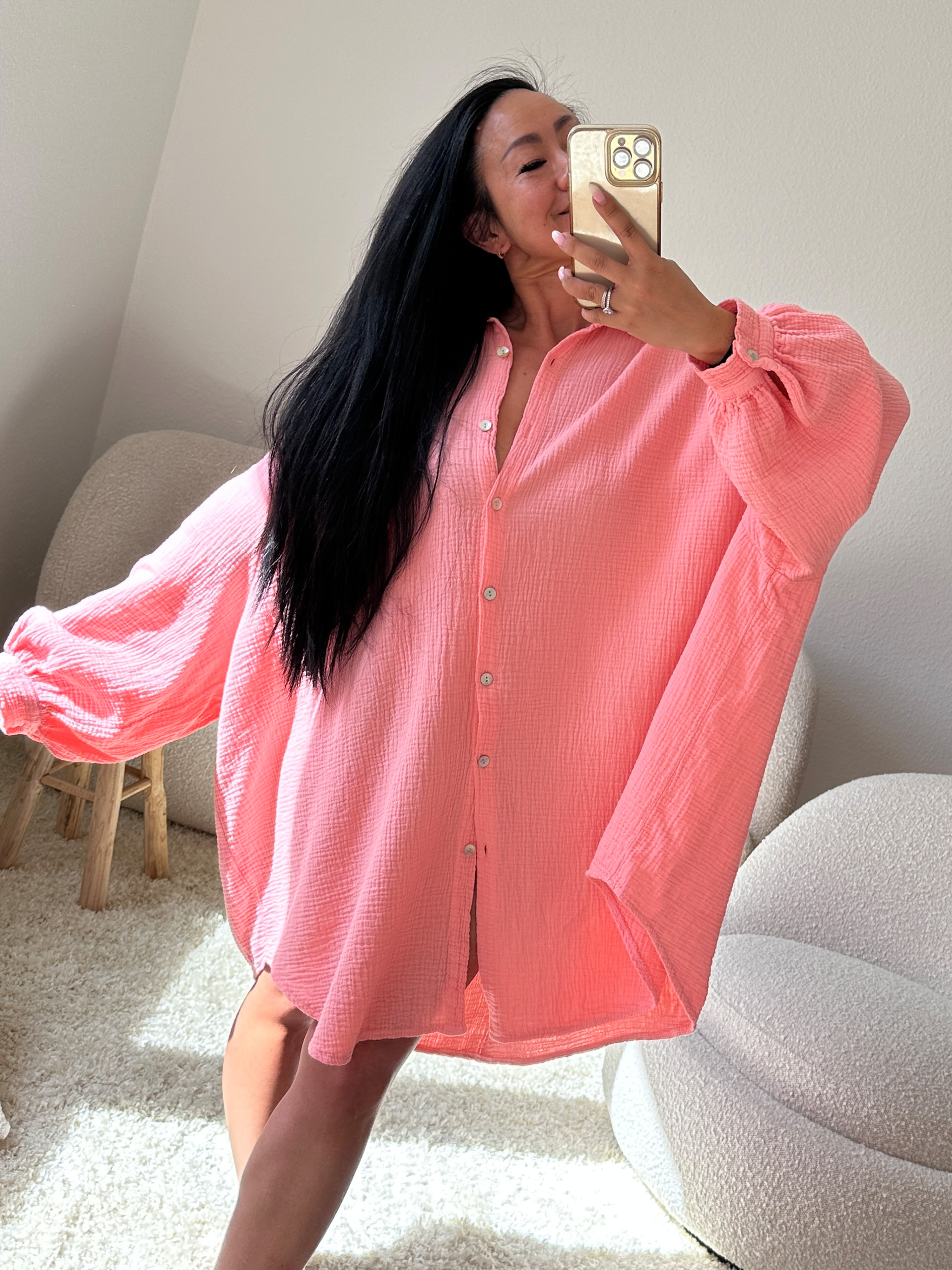 Musselin Long Oversize Bluse - Must Have - Flamingo