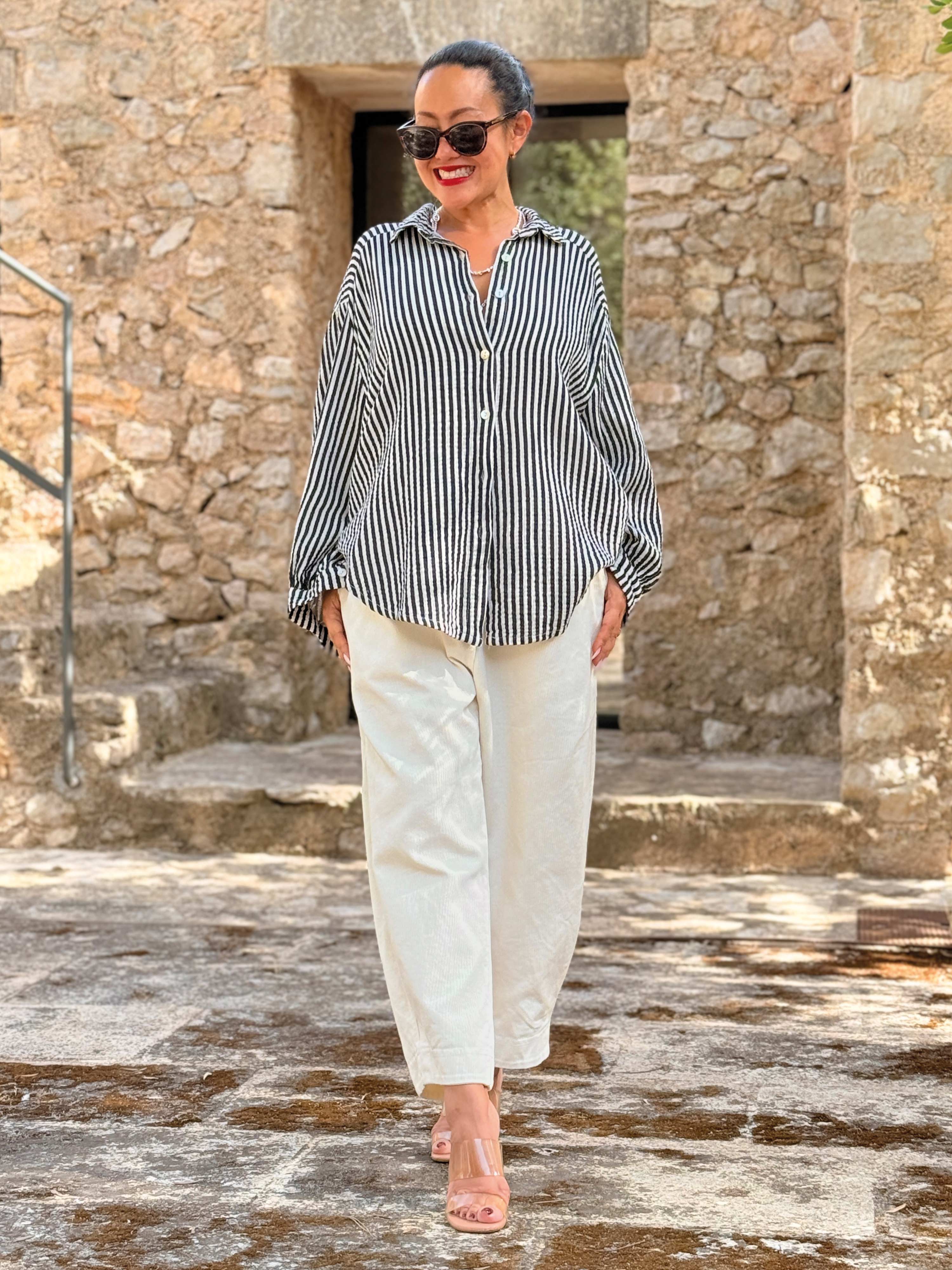 Musselin Midi Oversize Bluse - STRIPES - Schwarz/Creme