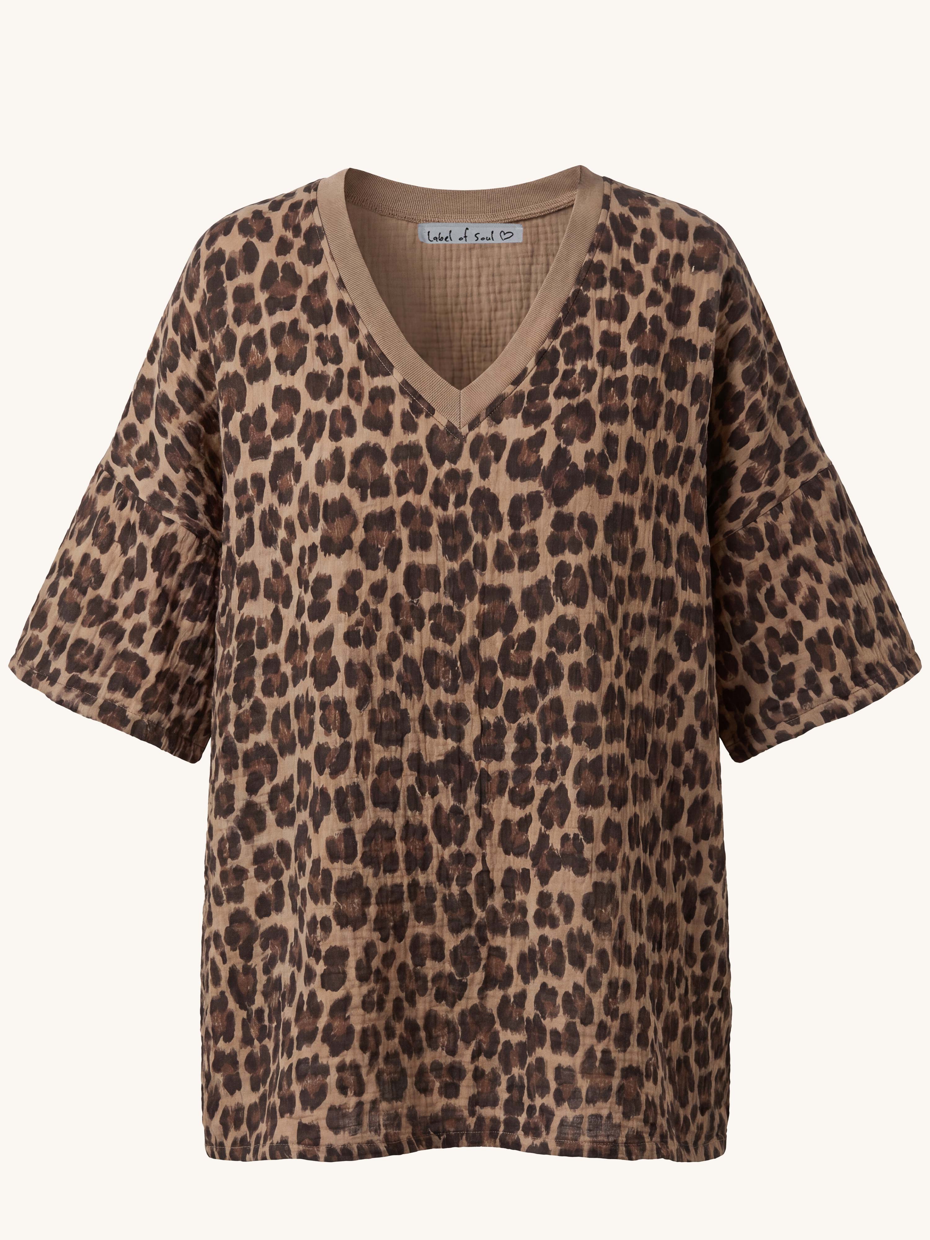 Musselin Oversize Kurzarm Shirt mit V-Ausschnitt - Leo Camel