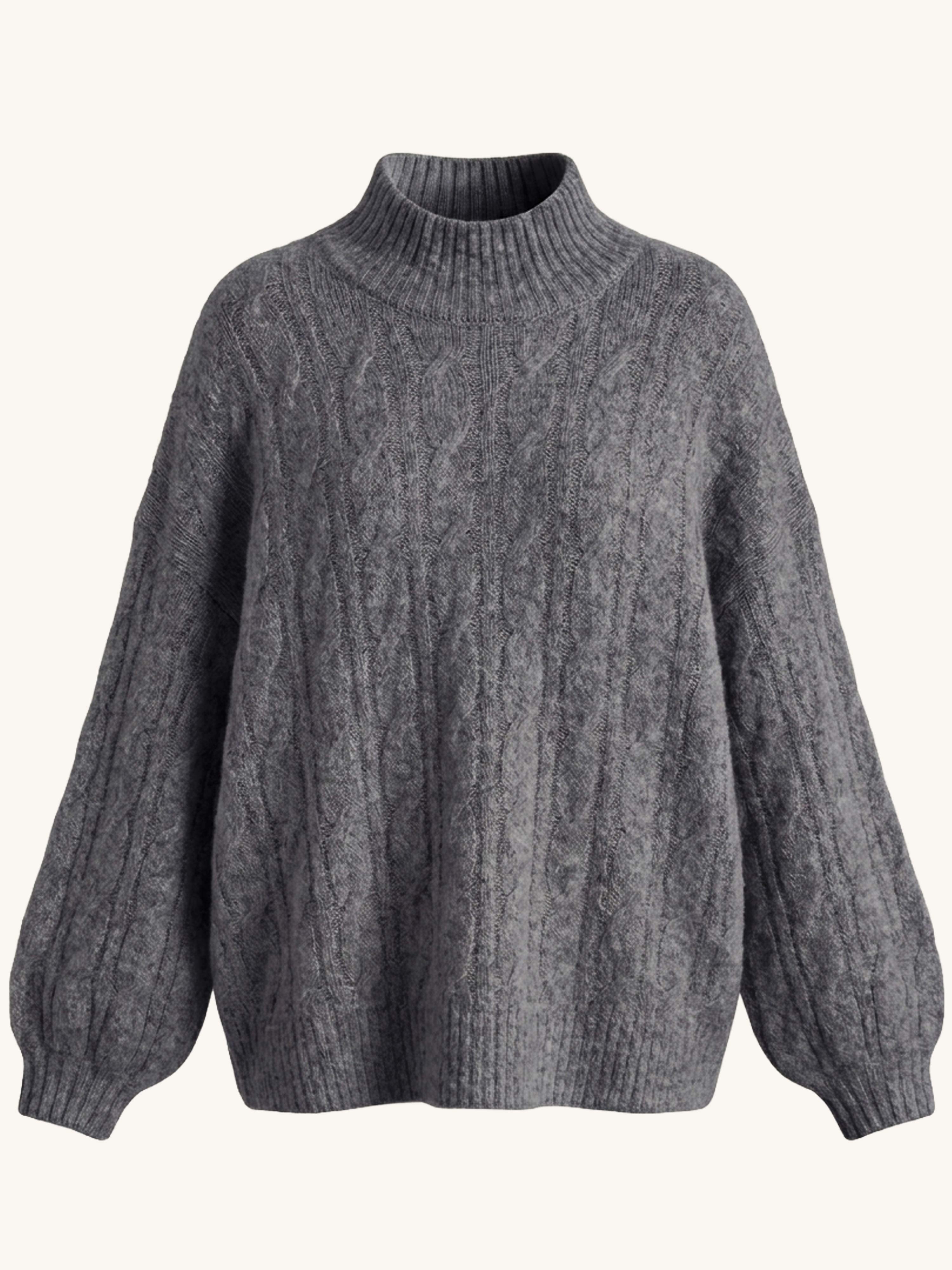 Soft Alpaka Oversize Zopf-Strickpullover mit Stehkragen - Grau