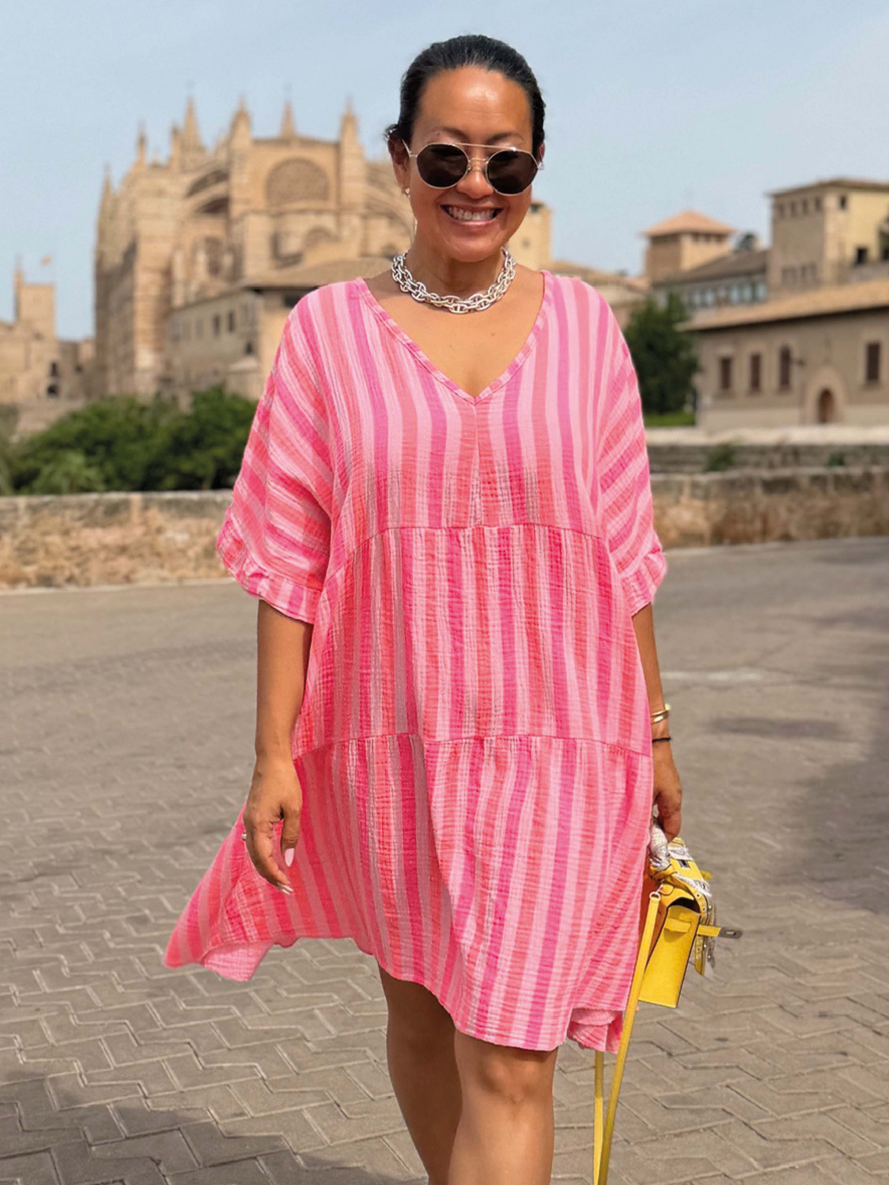 Musselin Tunika Midi mit V-Ausschnitt - STRIPES Candy