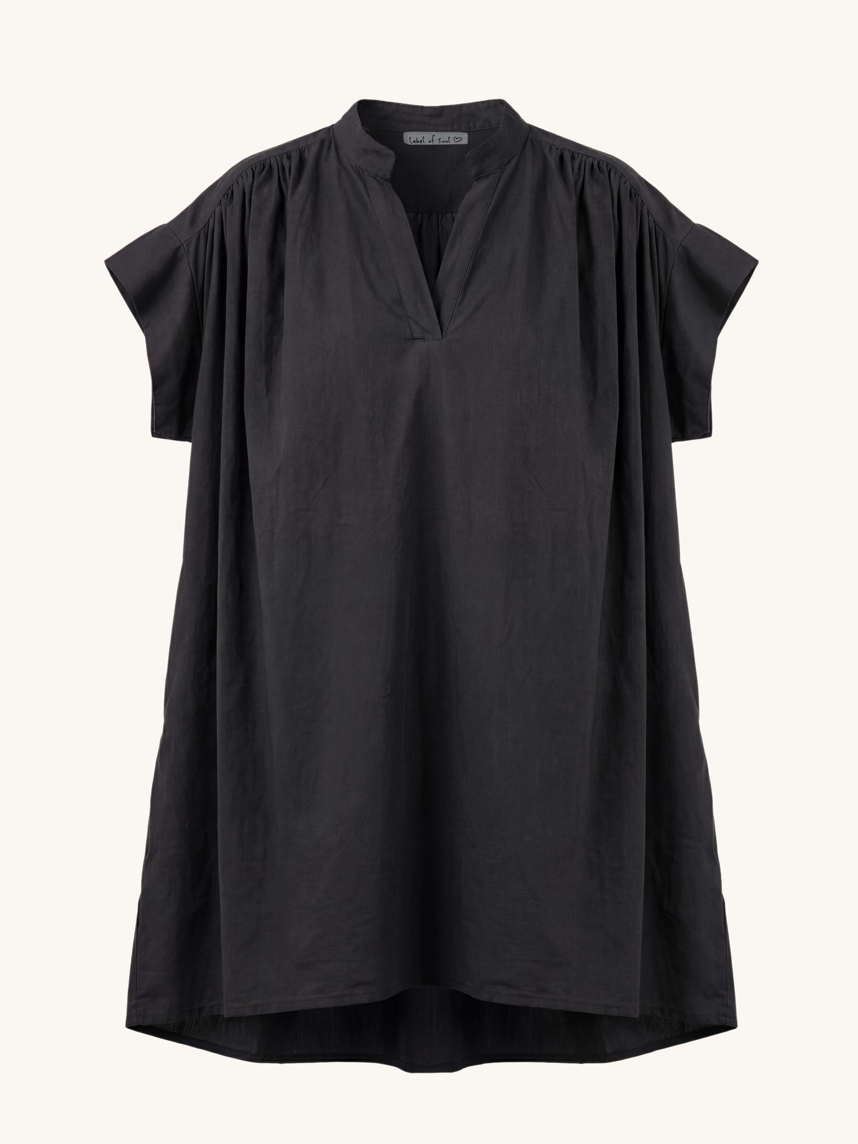 Cotton Vokuhila Oversize Tunika Midi mit Taschen - Schwarz