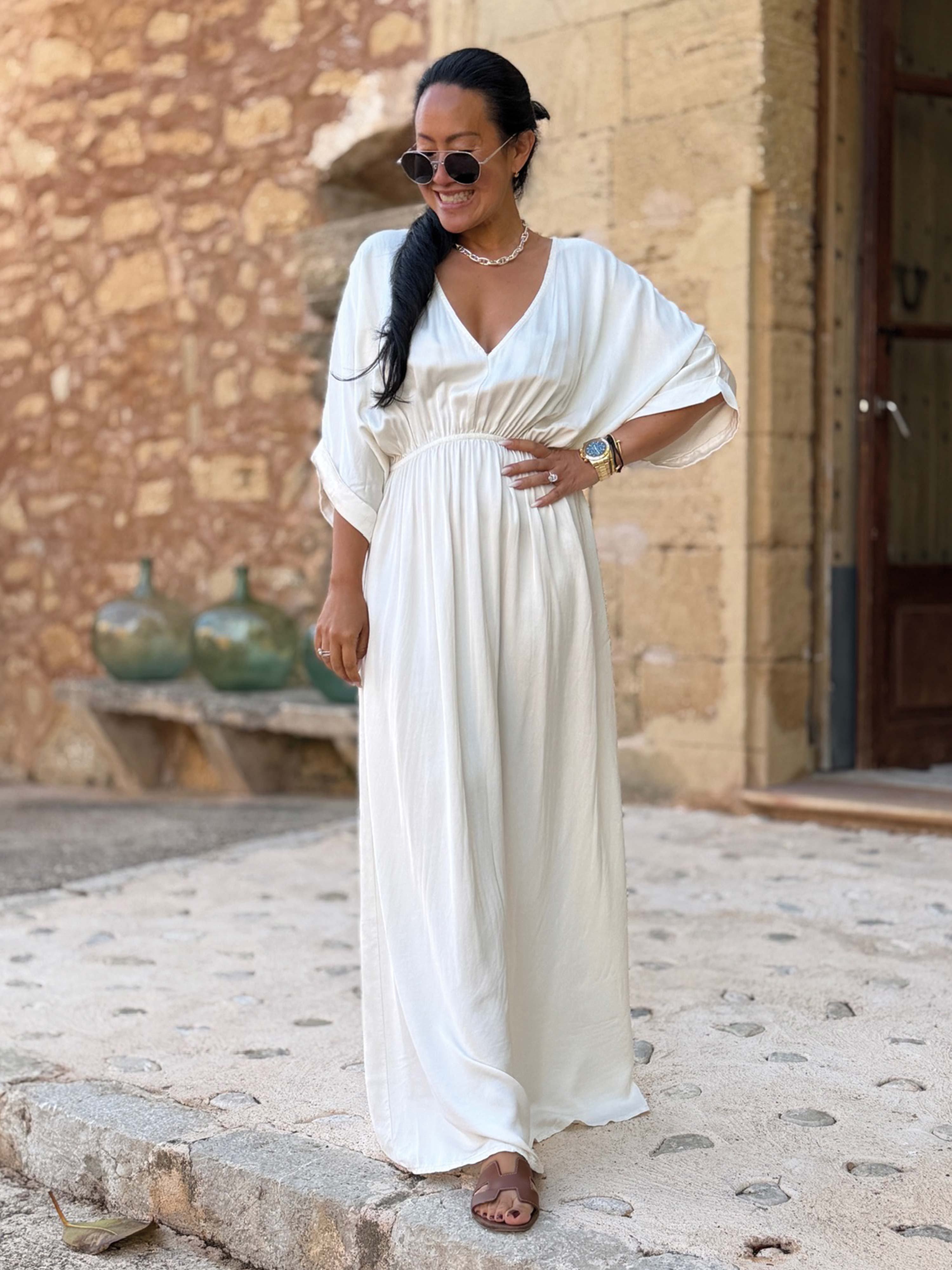 Viskose Kleid mit V-Ausschnitt - ONESIZE - Creme