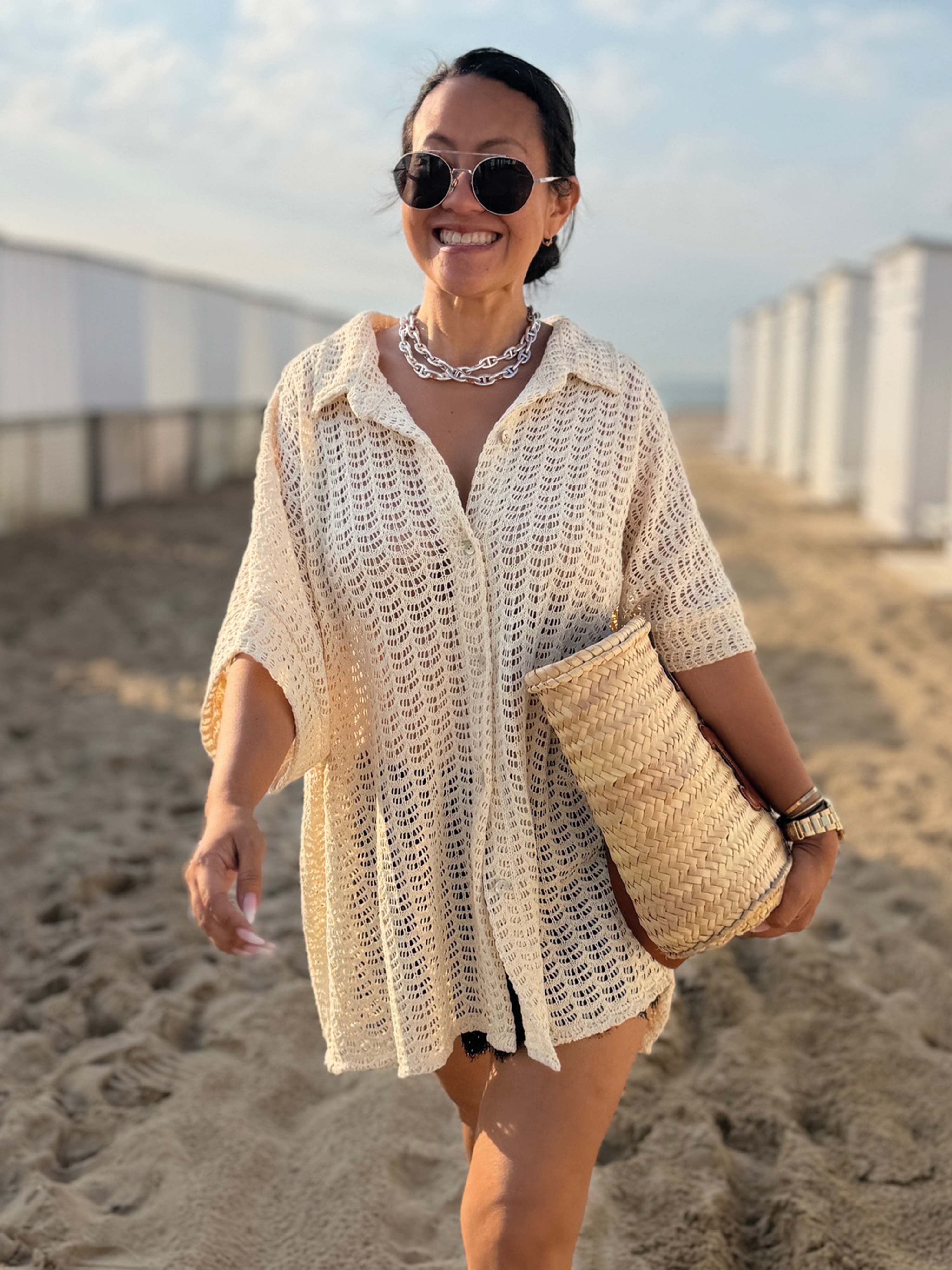 Oversize Kurzarm Häkel Hemd MANACOR - Creme