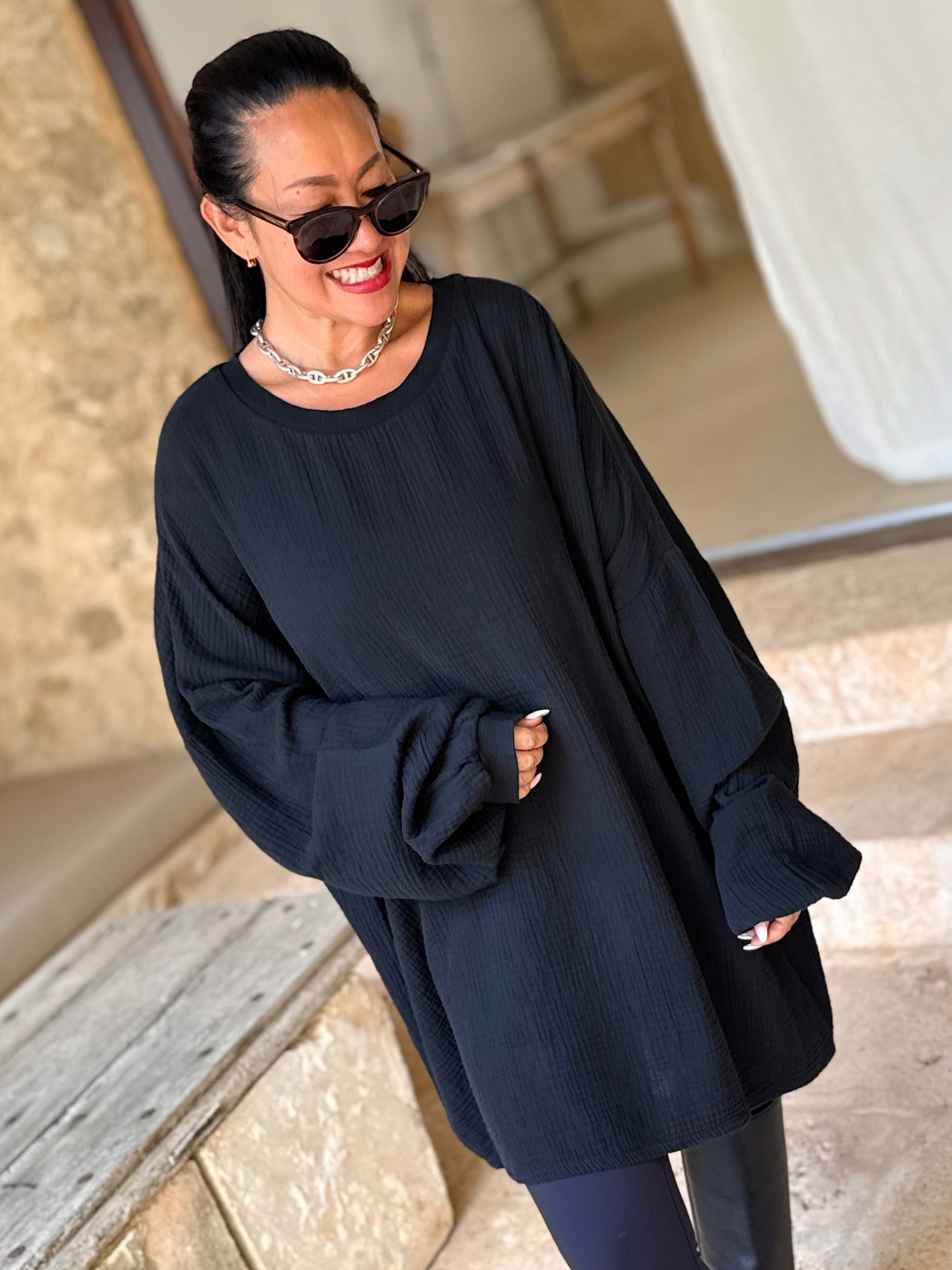 Musselin Oversize Sweatshirt - Schwarz