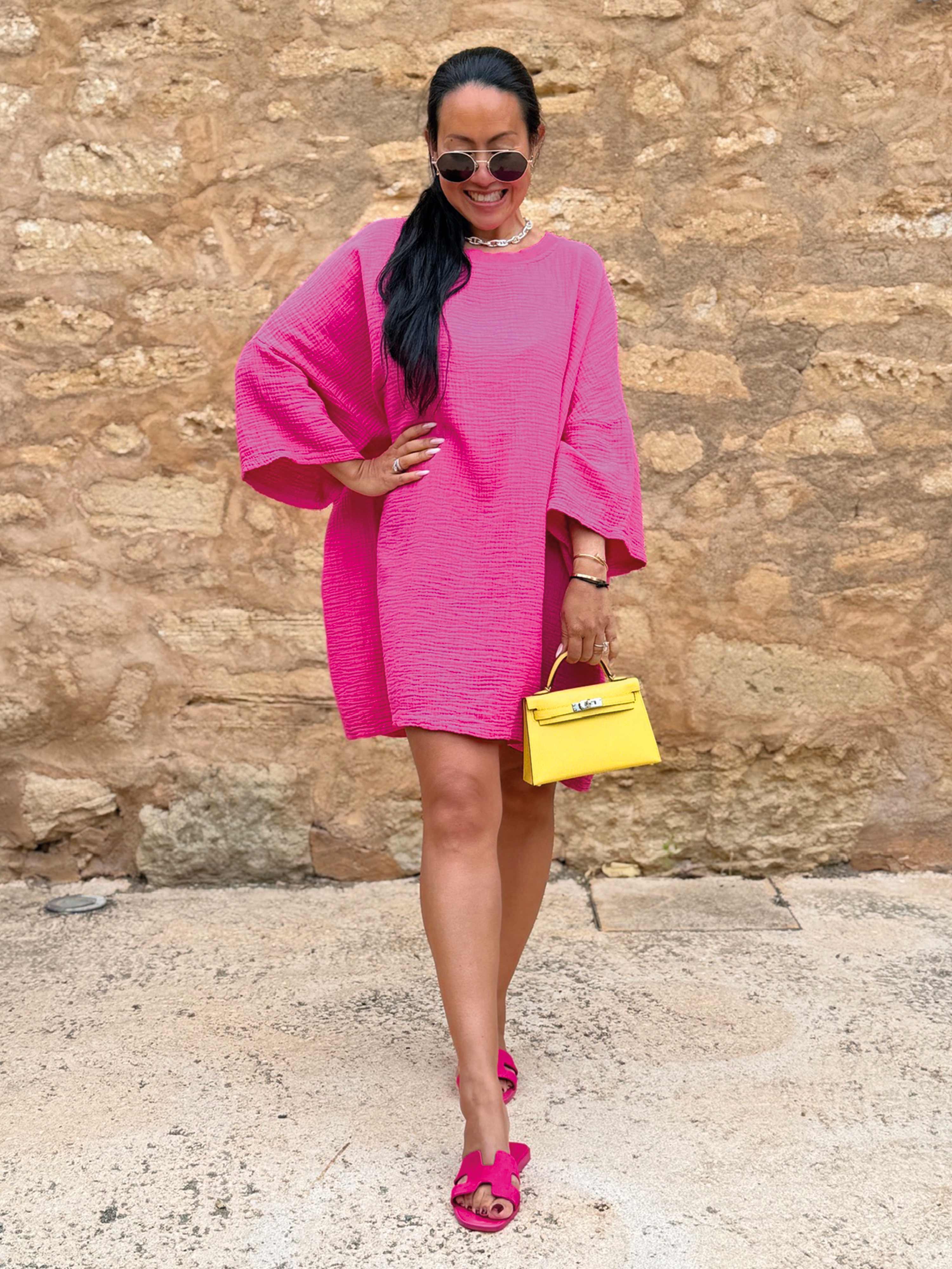 Musselin Oversize Kurzarm Shirt - Pink