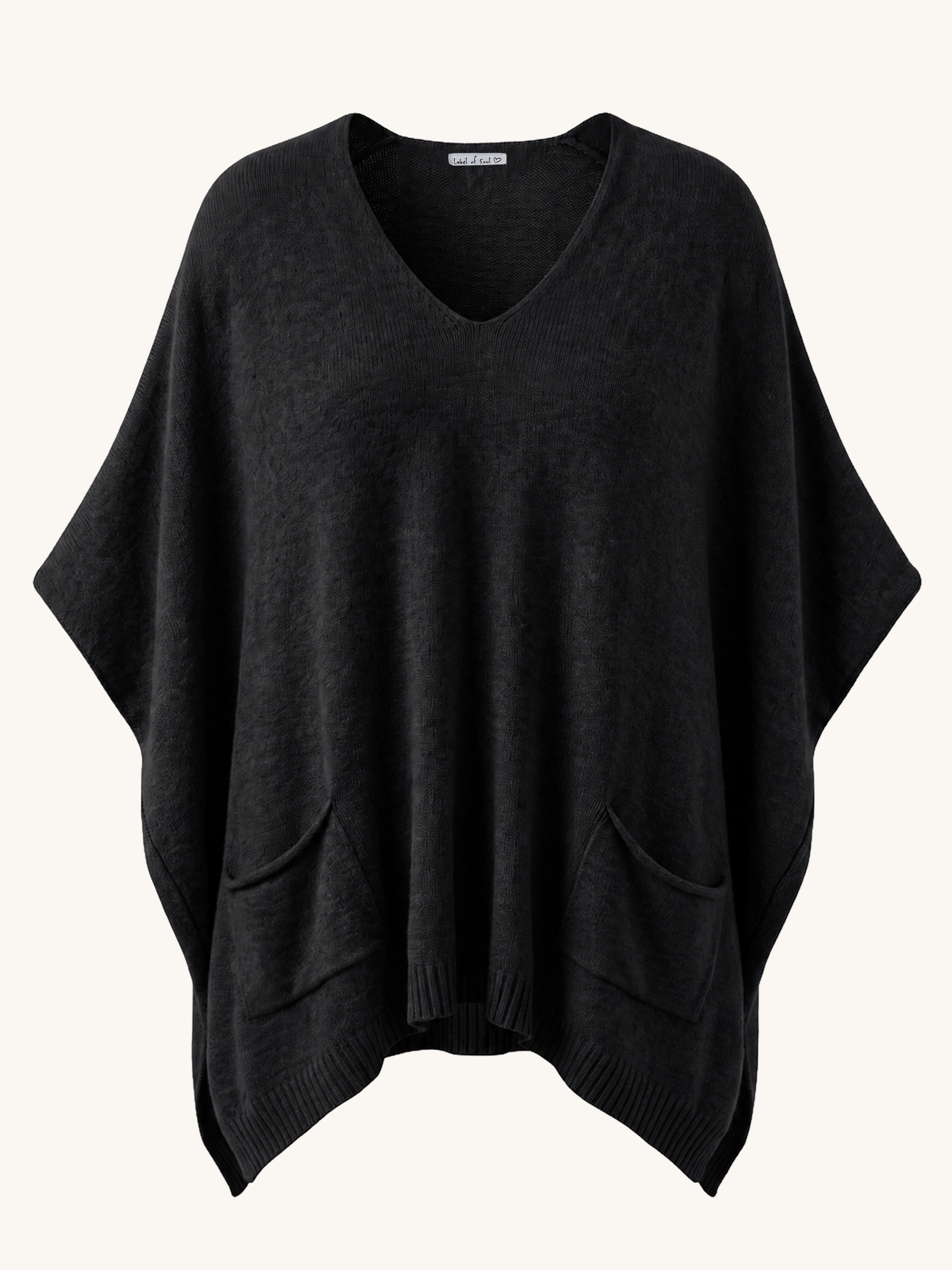 Oversize Viskose Strick Poncho mit V-Ausschnitt - Schwarz