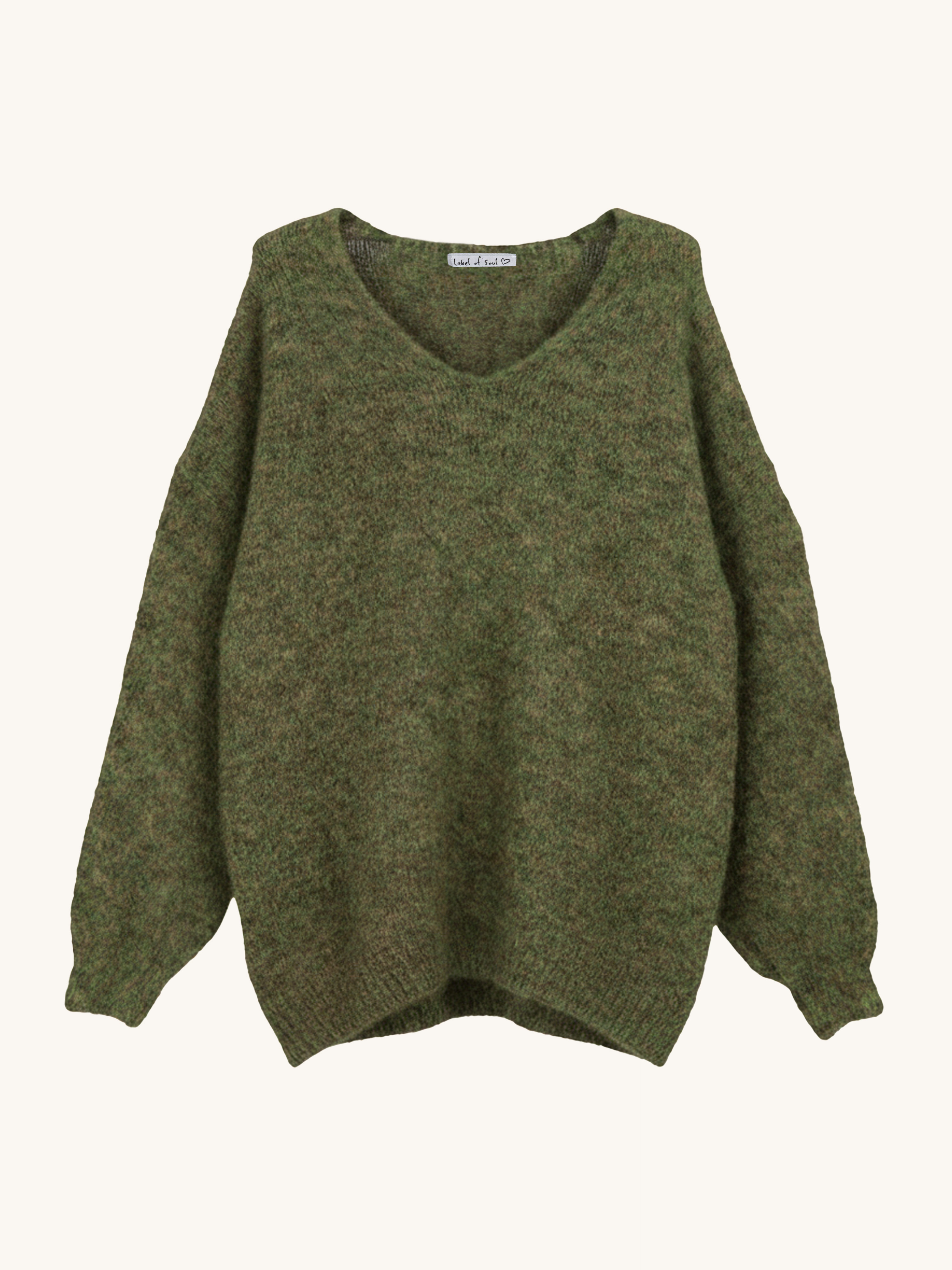 Oversize V-Ausschnitt Strickpullover mit Alpakawollanteil - Olive