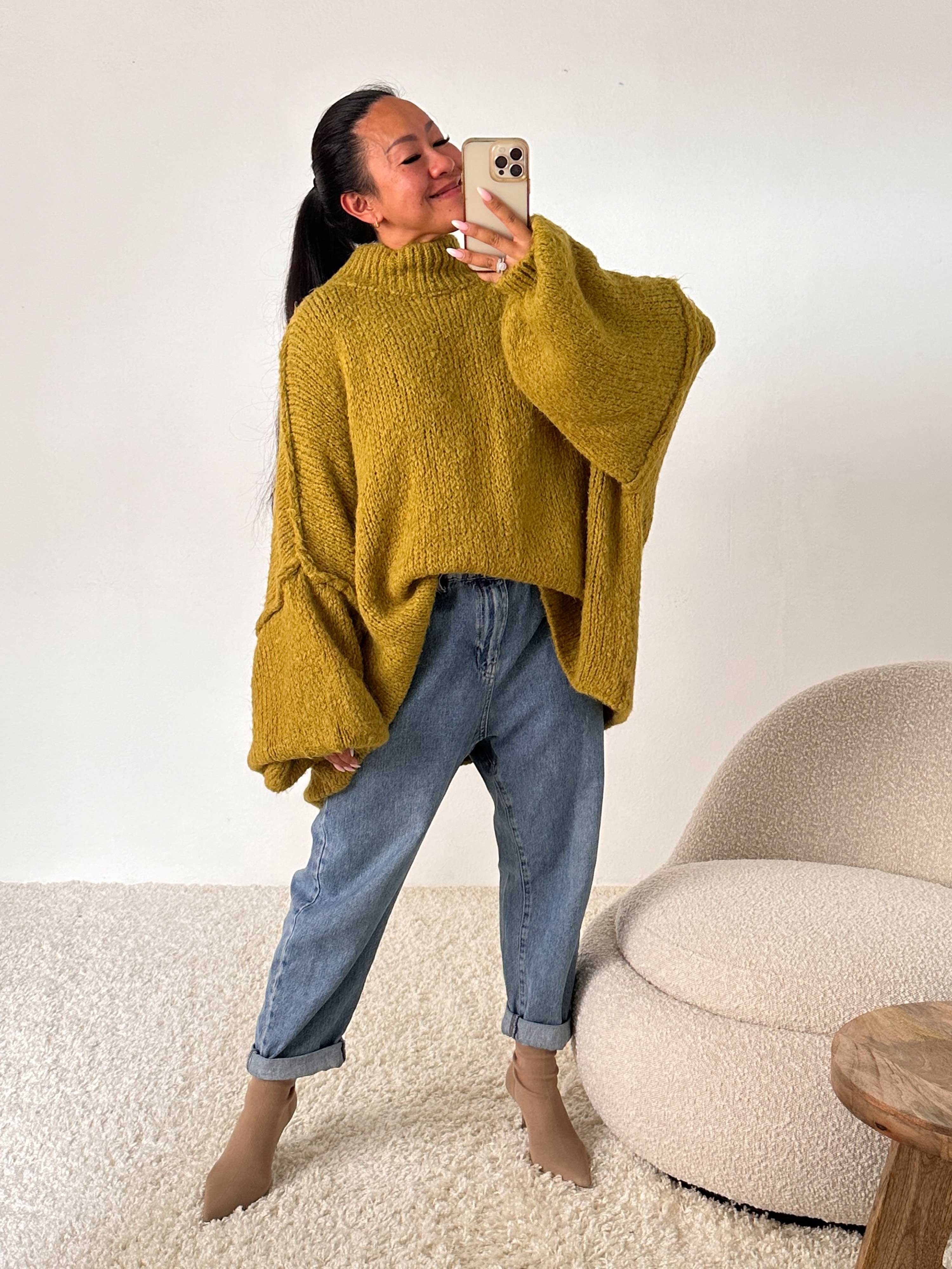 Oversize Strickpullover mit Stehkragen - FLAUSCHI - Pistazie