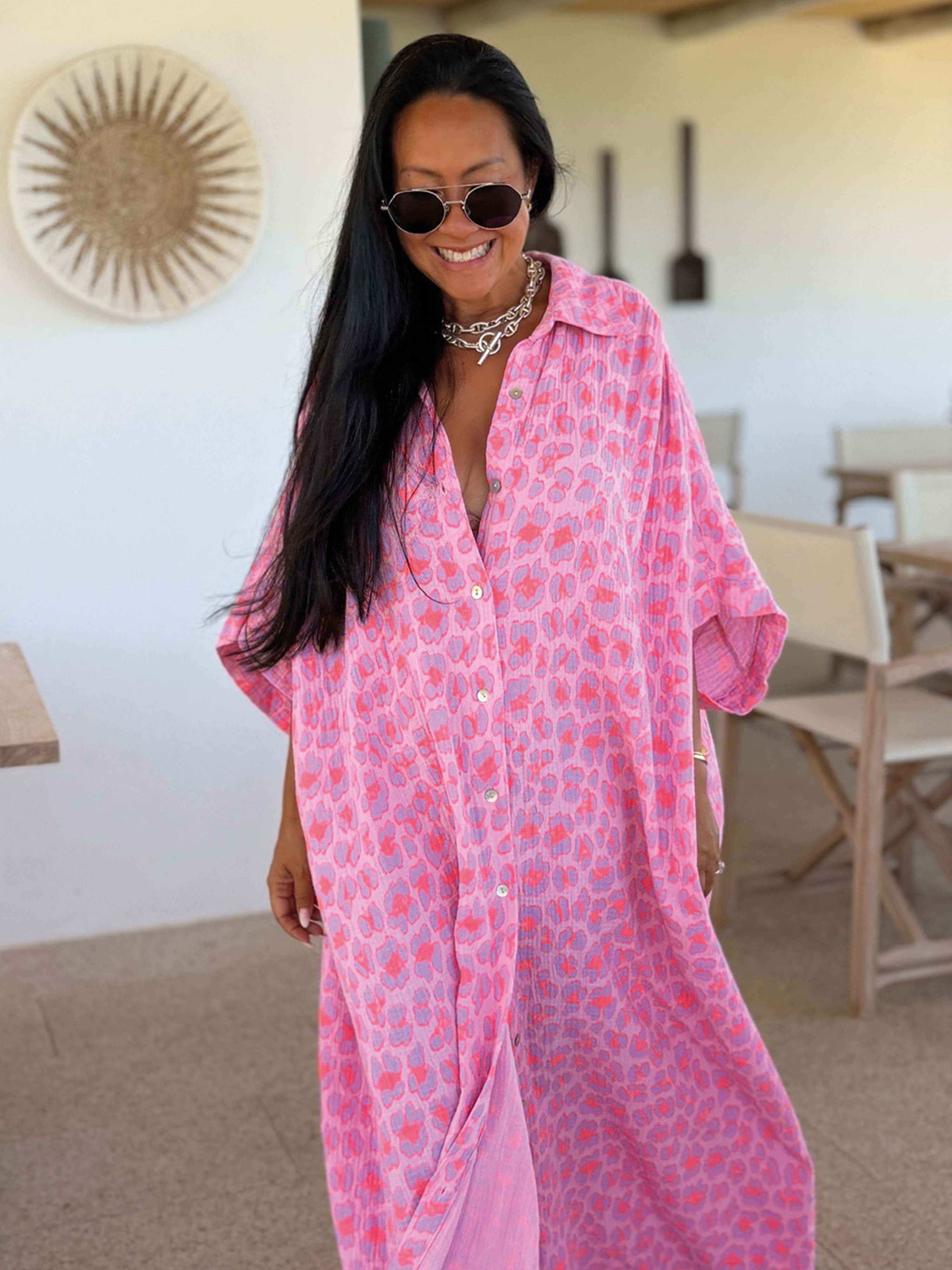 Musselin Oversize Kurzarm Blusenkleid - CAPRI - Leo Peach Pop