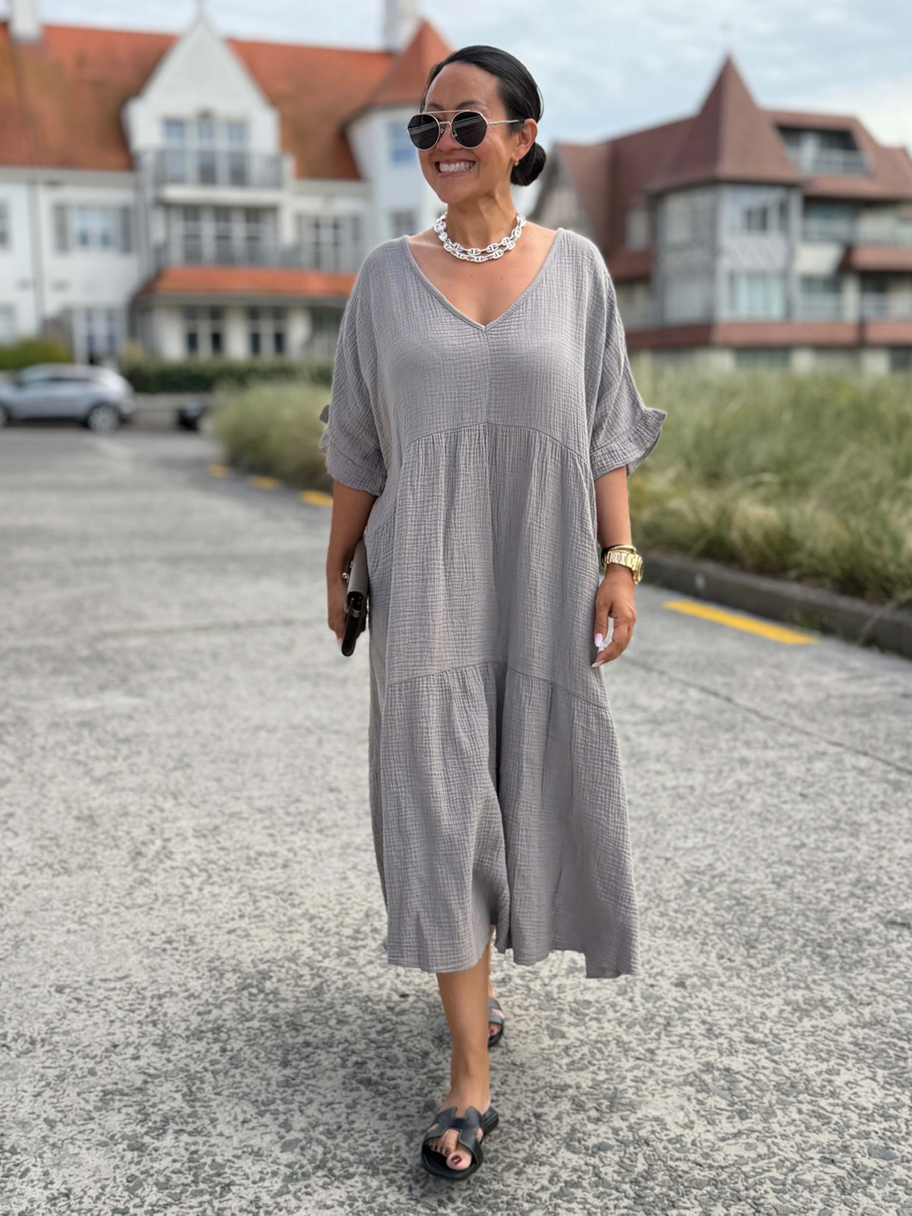 Musselin Tunika Long mit V-Ausschnitt - Taupe