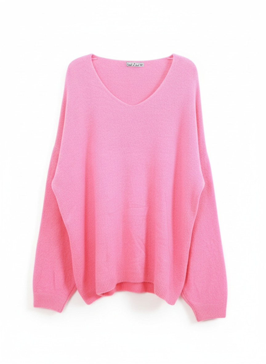 V-Ausschnitt Strickpullover mit Alpakawollanteil - Bubblegum