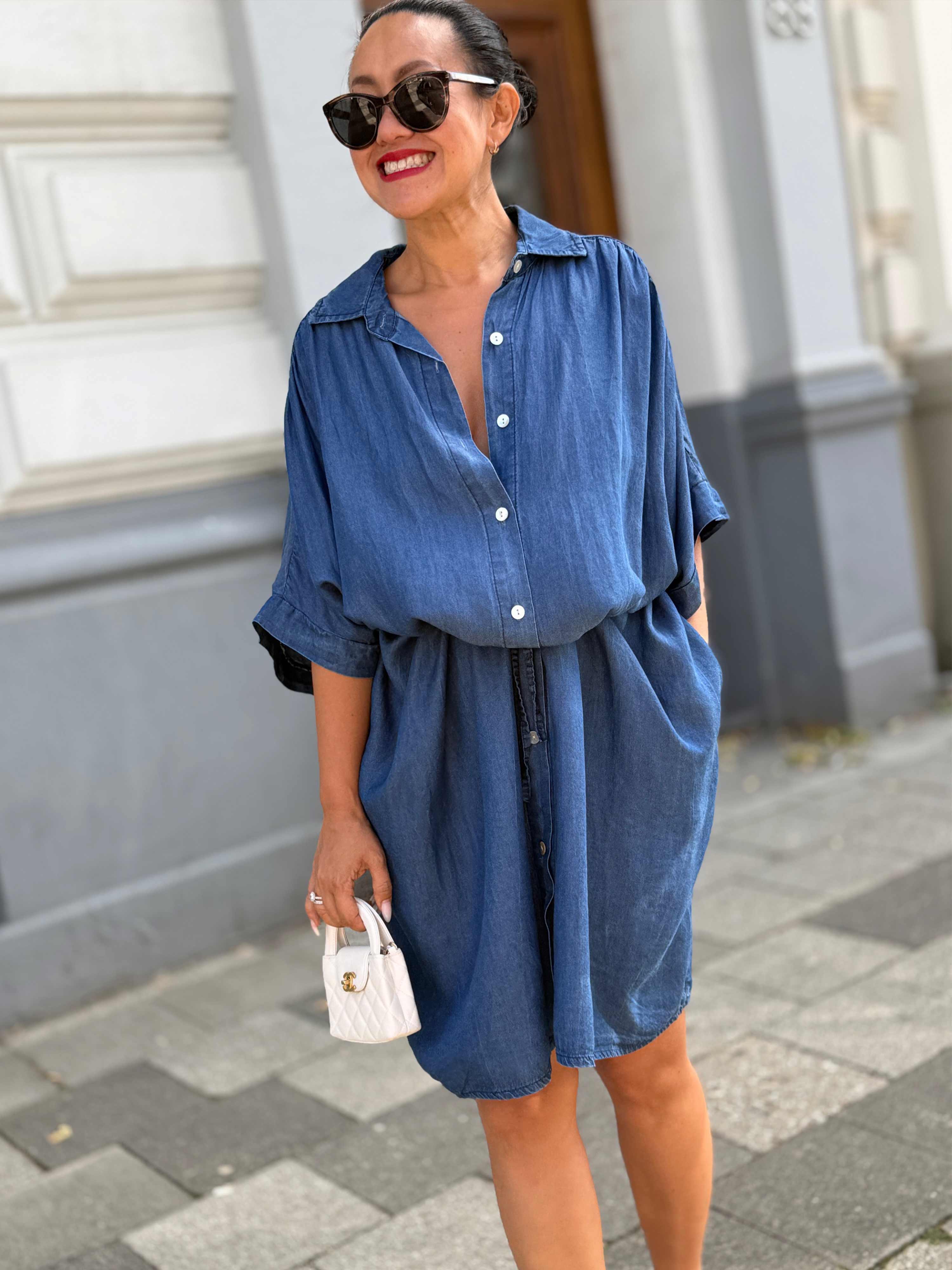 Leichtes Lyocell Oversize Kurzarm Blusenkleid - LANA - Medium Blue