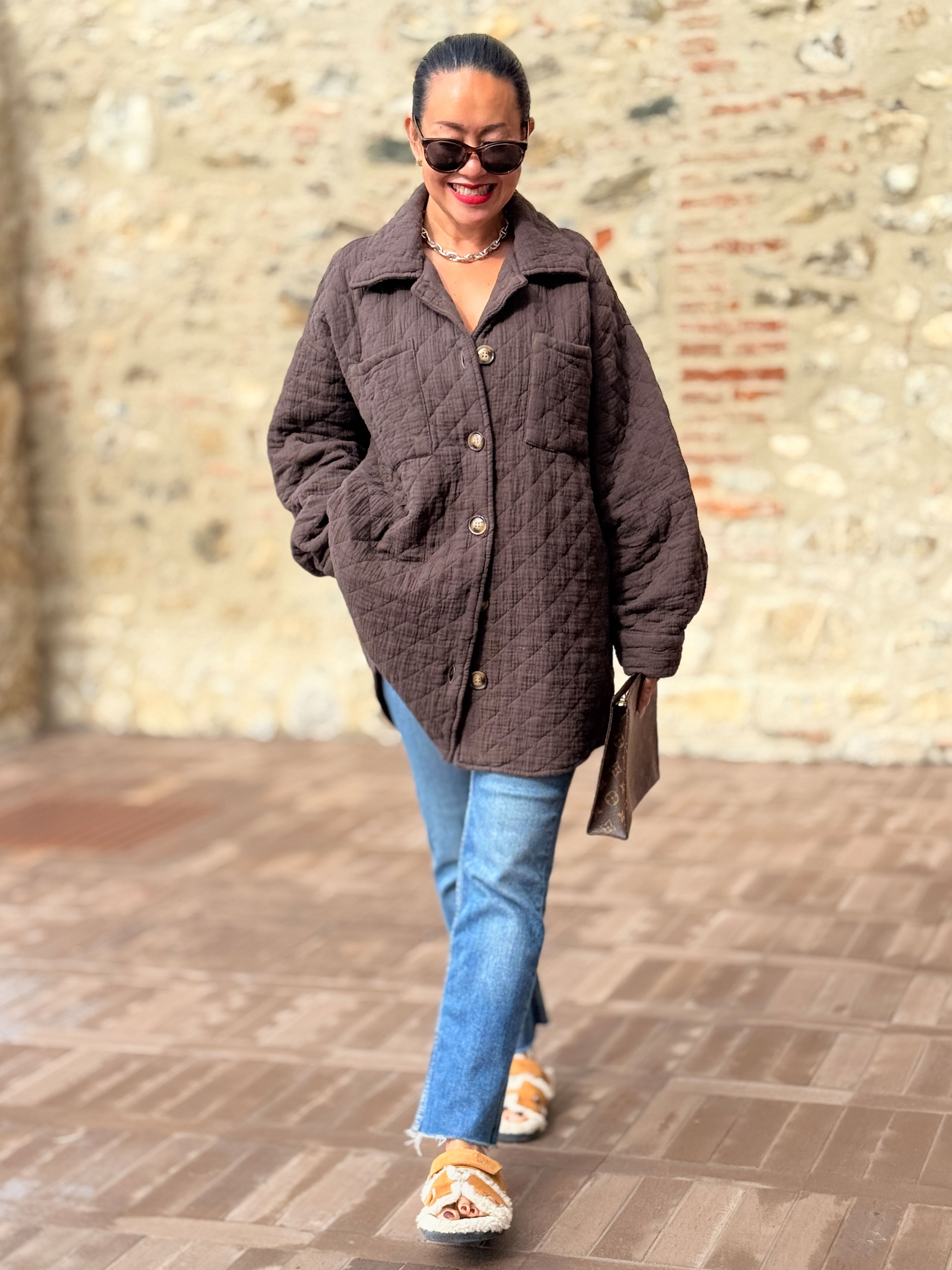 Gefütterte Oversize Musselin Overshirt Jacke - Schoko