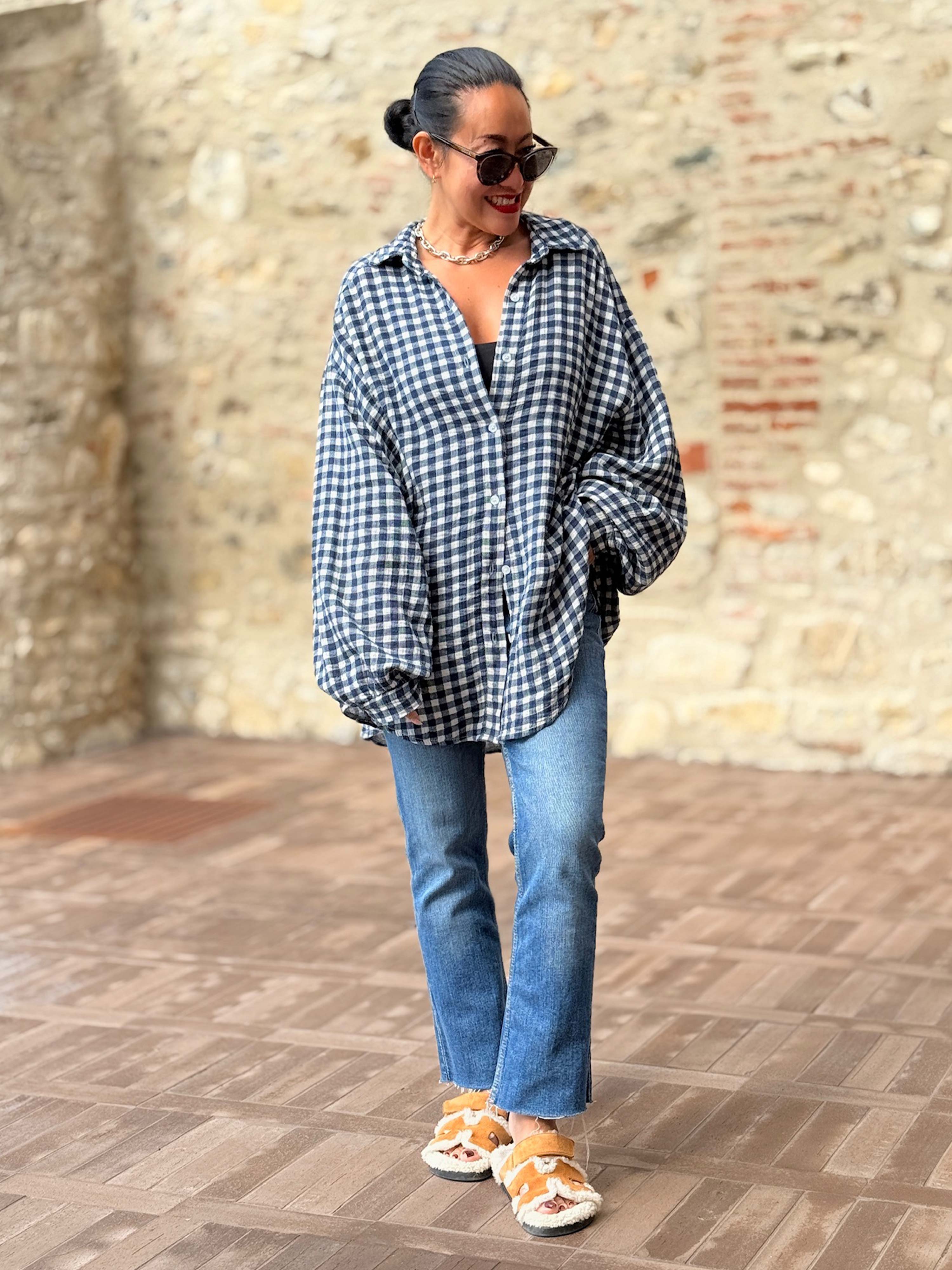 Musselin Midi Oversize Bluse - KARO Blau