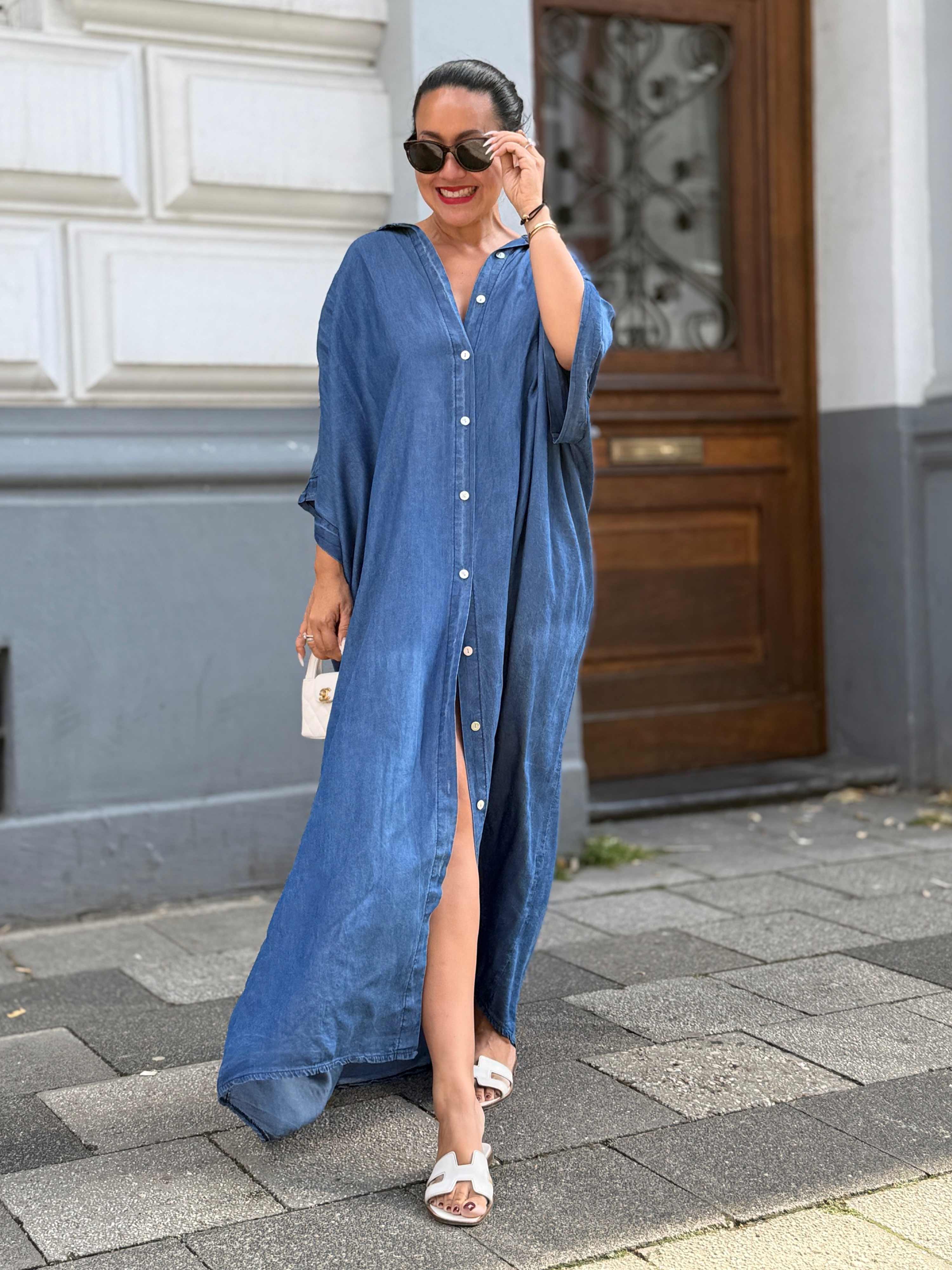 Leichtes Lyocell Oversize Kurzarm Blusenkleid - CAPRI - Medium Blue Leichtes Lyocell Oversize Kurzarm Blusenkleid - CAPRI - Medium Blue