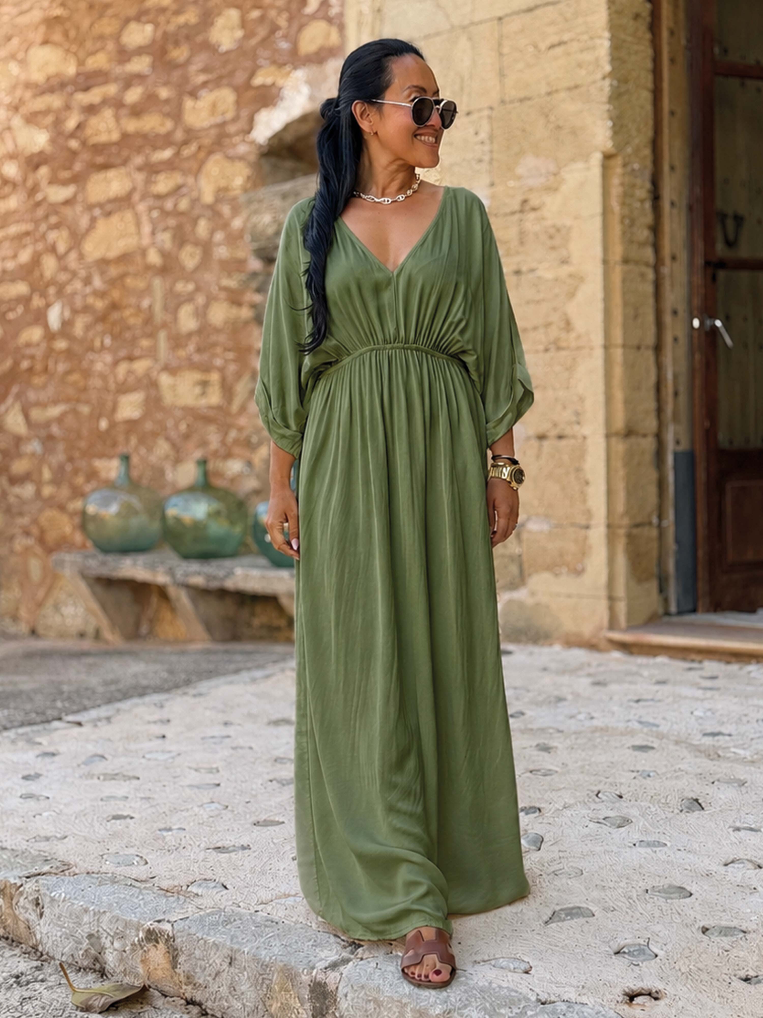 Viskose Kleid mit V-Ausschnitt - ONESIZE - Olive