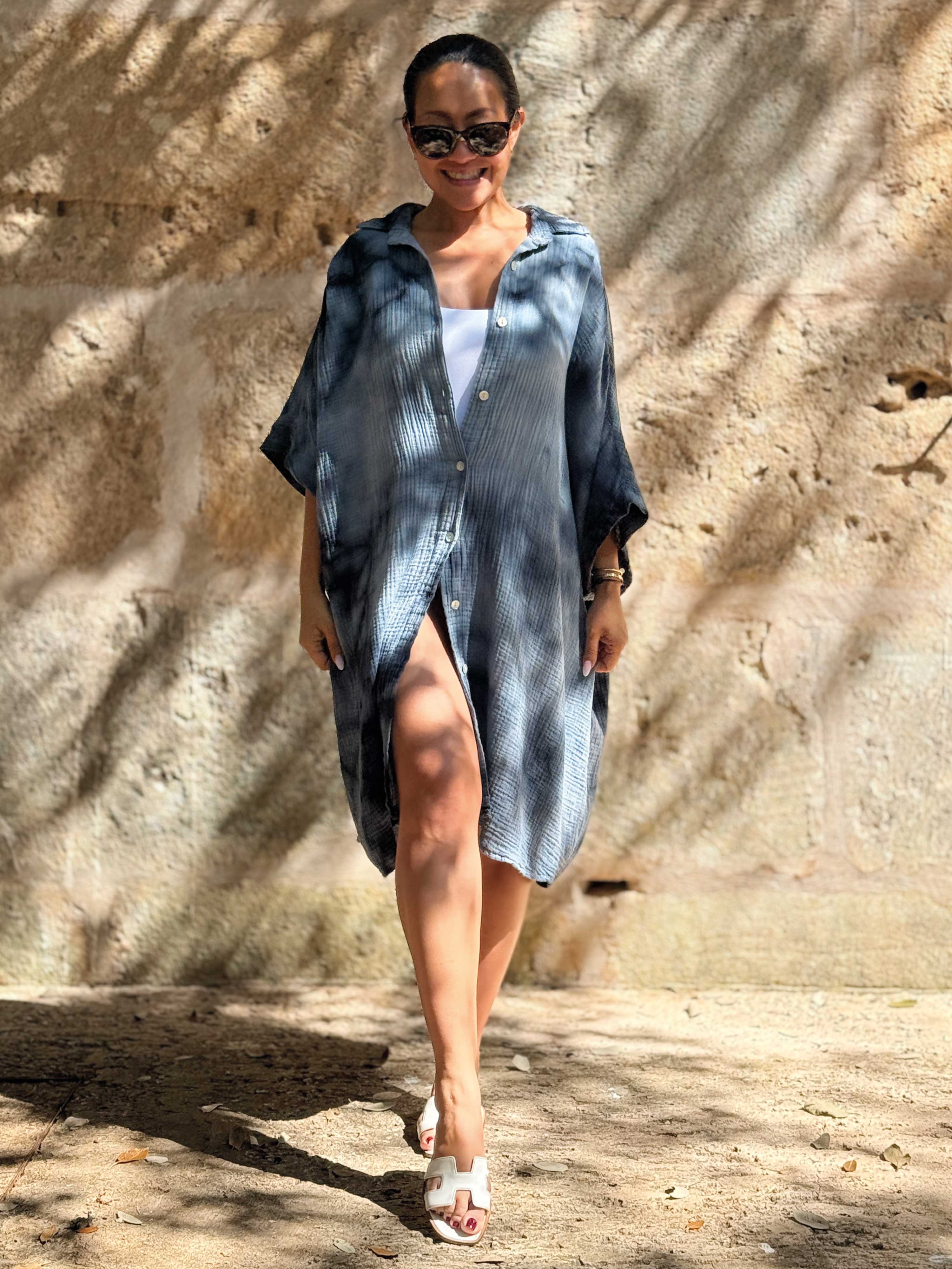 Musselin Oversize Kurzarm Bluse Long - BATIK - Grau