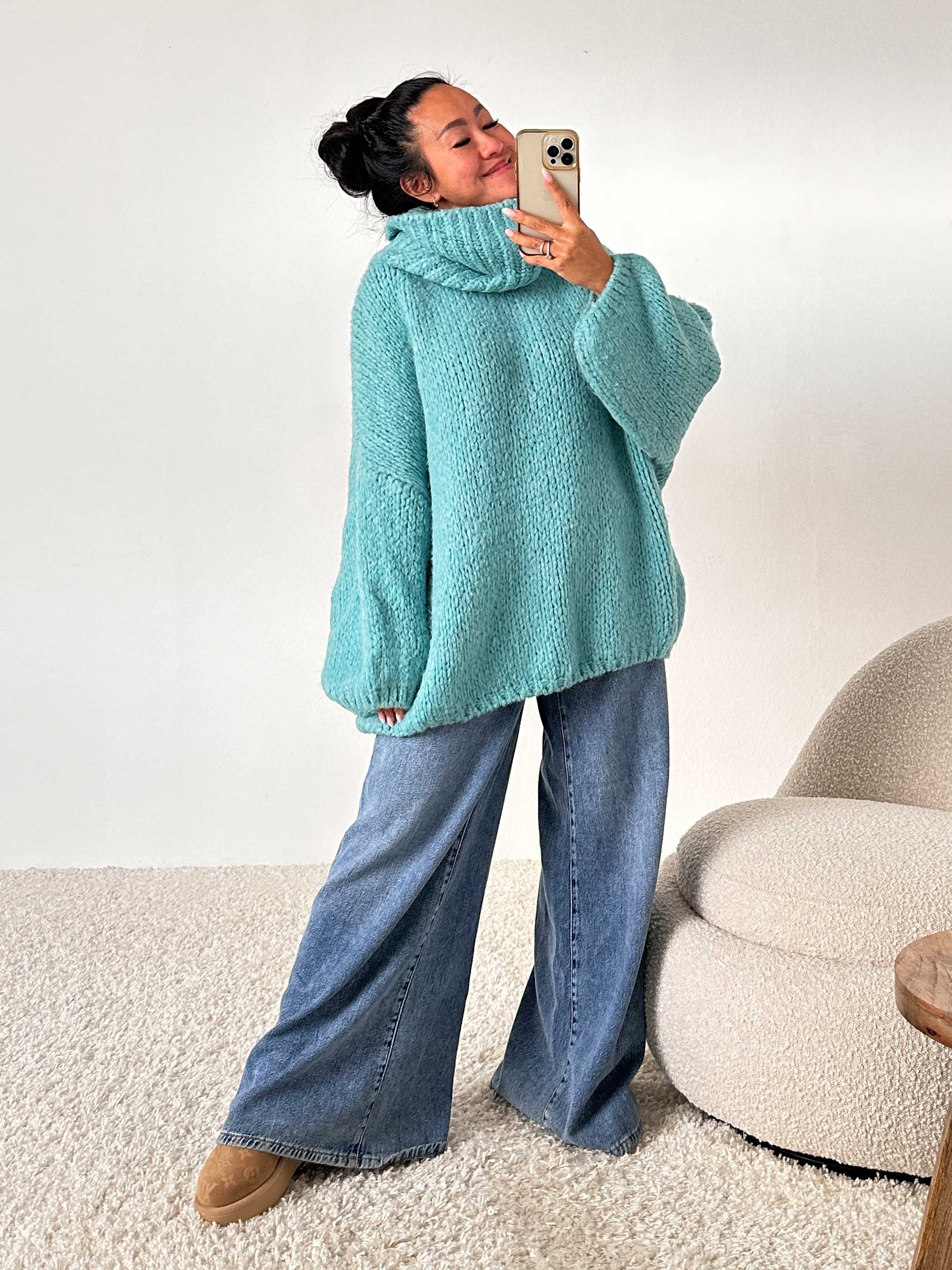 Oversize WINTER Pullover mit Schalkragen - FLAUSCHI - Türkis