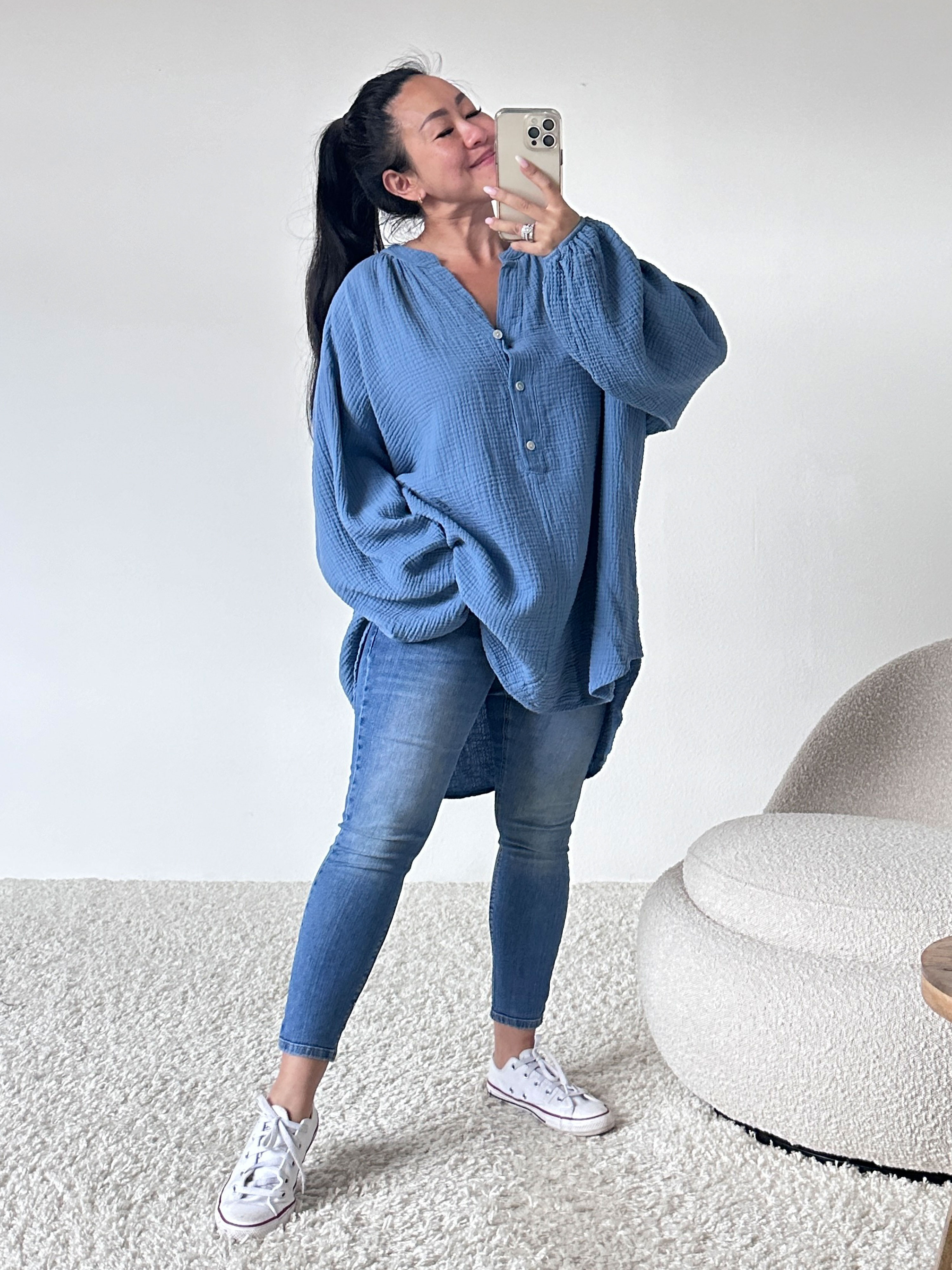 Vokuhila Musselin Oversize Bluse - CELINA - Jeansblau
