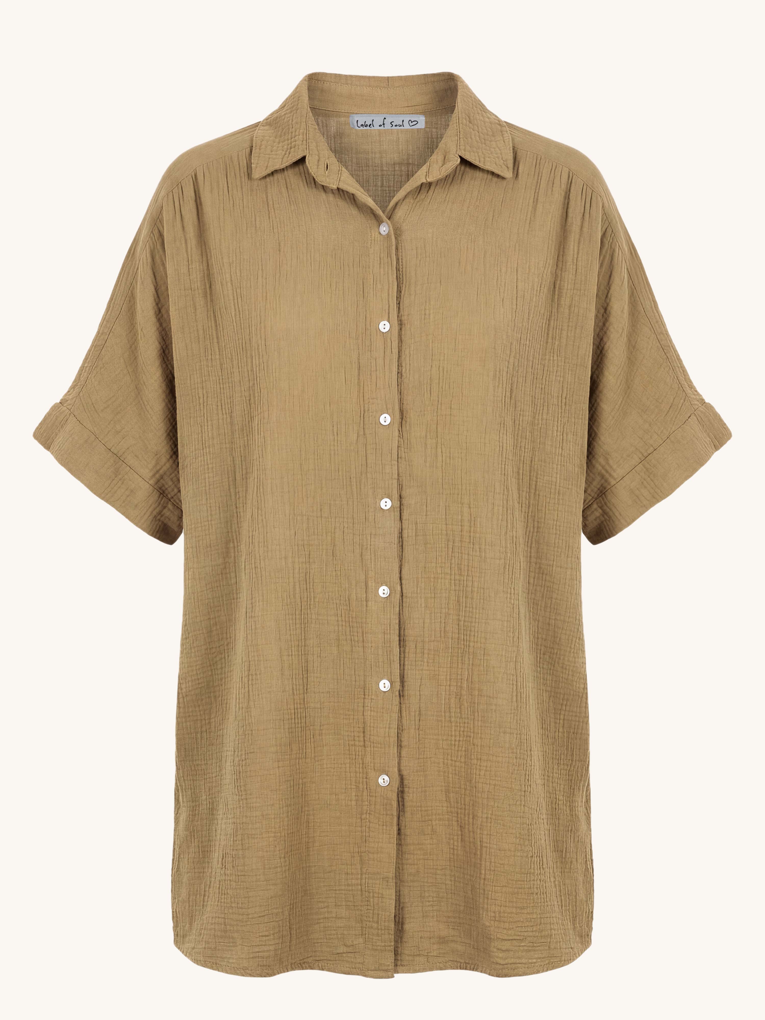 Musselin Oversize Kurzarm Bluse Long - Camel