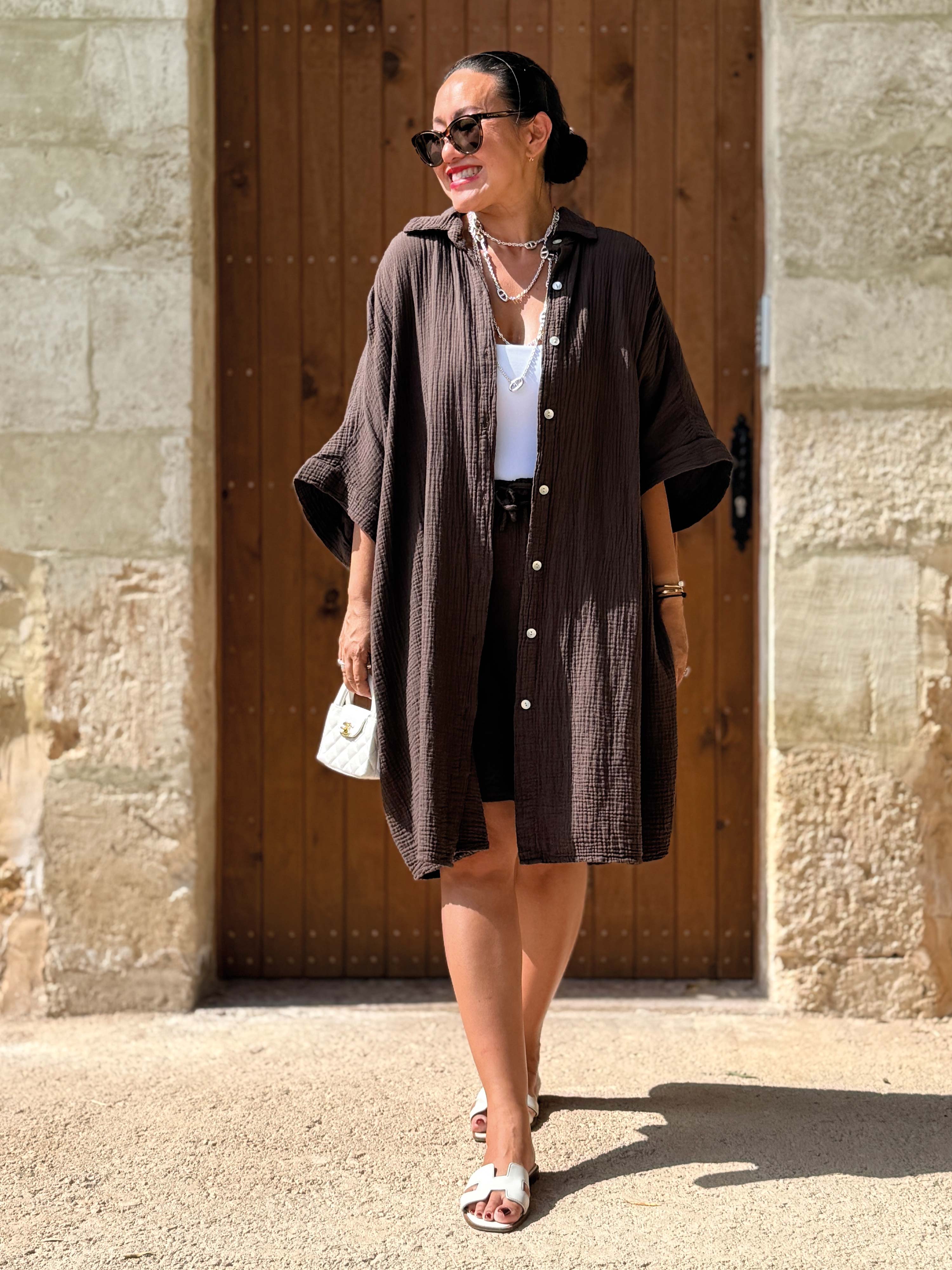 Musselin Oversize Kurzarm Bluse Long - Schoko